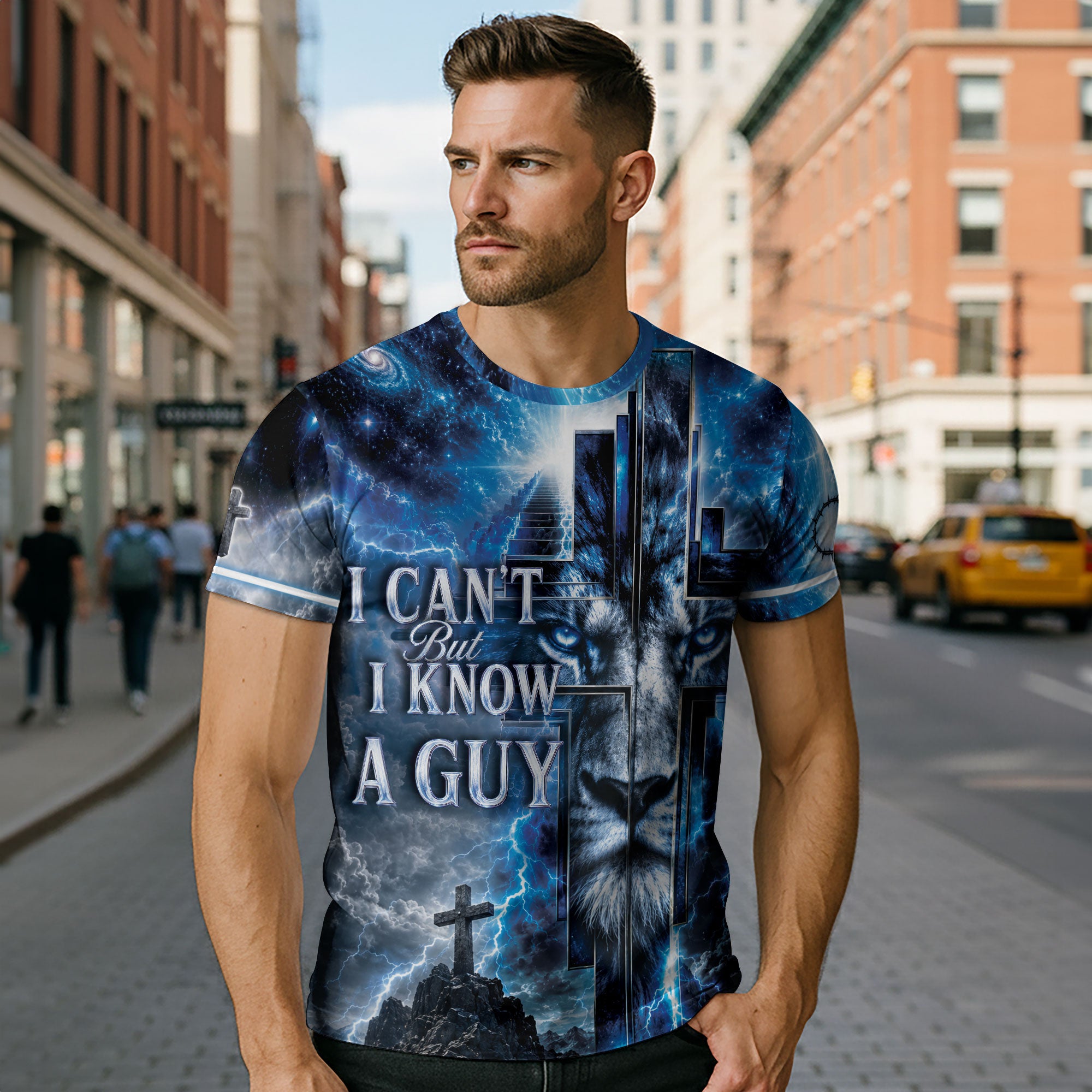 I Cant But I Know A Guy Blue Lion Cross Christian 3D Graphic Crewneck Shirt For Men