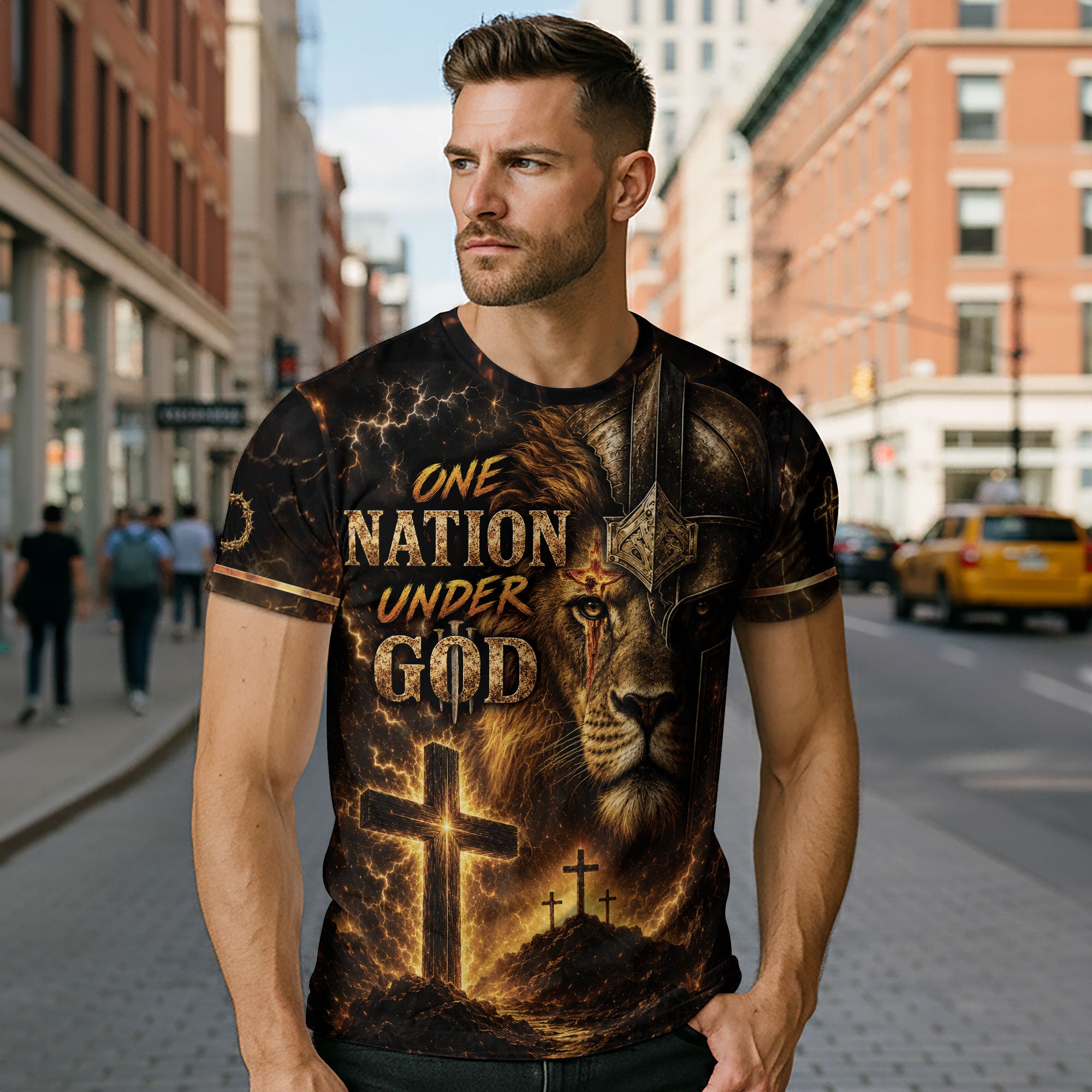 One Nation Under God T Shirt 3D Christian Lion Helmet Armor Cross Patriotic Shirt