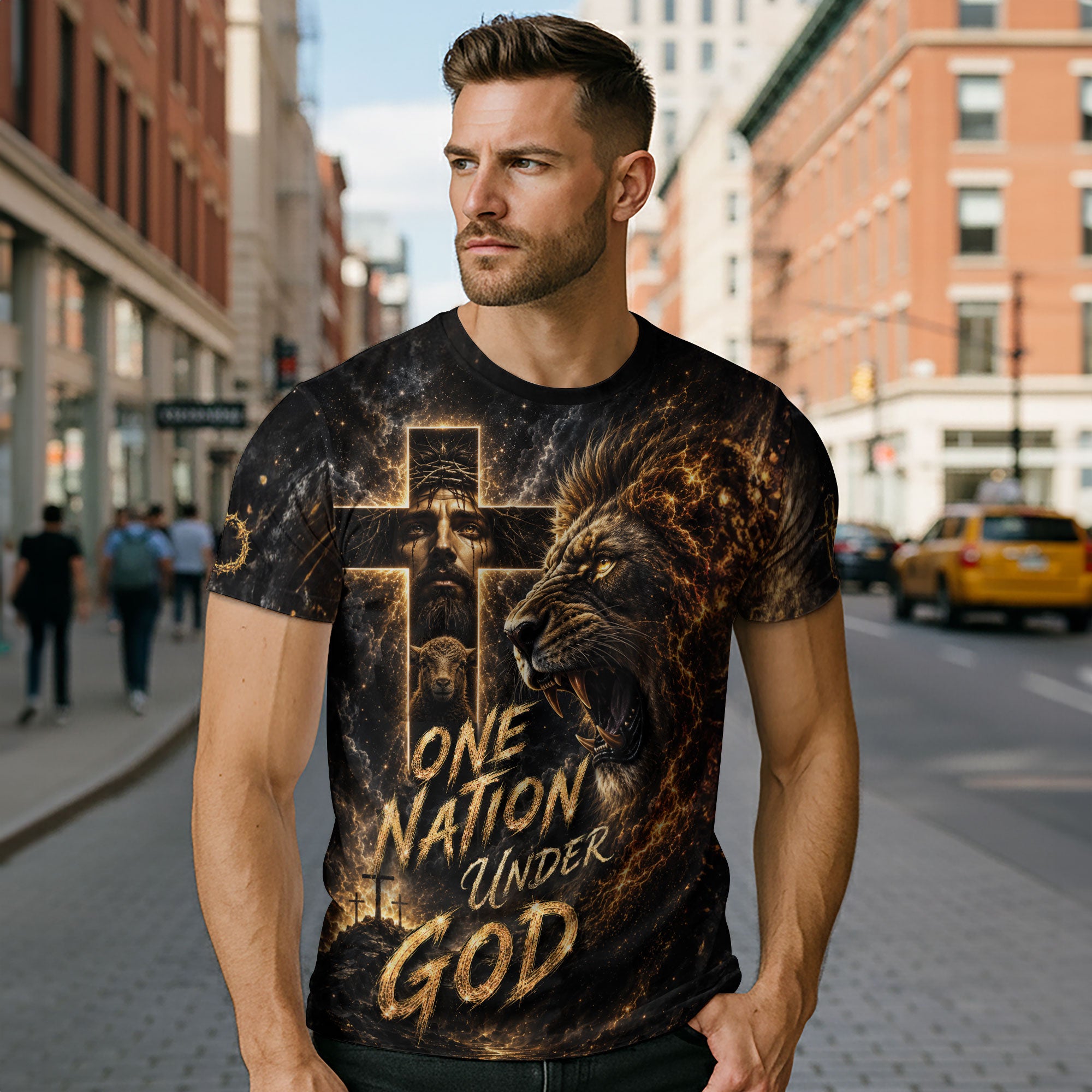 One Nation Under God T Shirt 3D Christian Jesus Lion Lamb Cross Graphic Tee Shirt