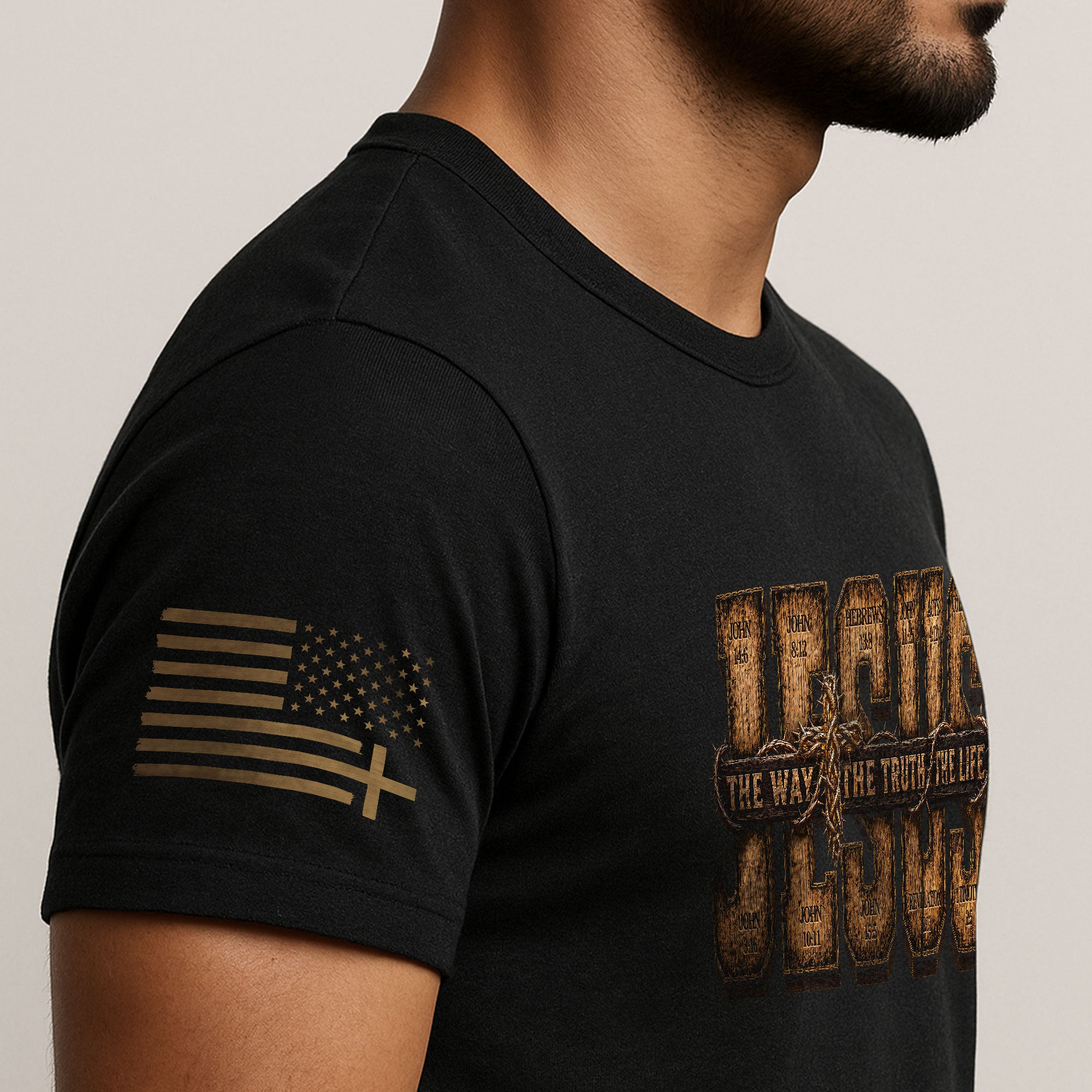 Jesus The Way The Truth The Life Scripture Cross Christian Graphic Crewneck Tee Men