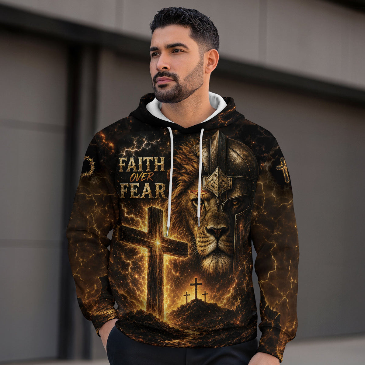 Faith Over Fear 3D Hoodie Lion Christian Cross Warrior Helmet Pullover - Rust Field Wear