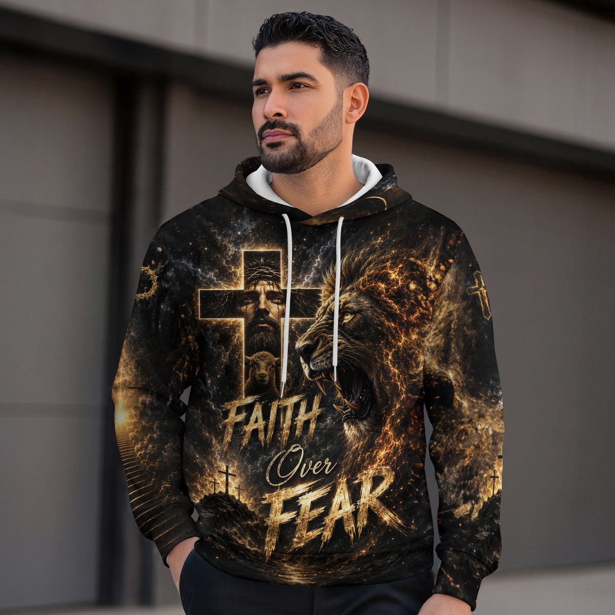 Faith Over Fear 3D Hoodie Jesus Lion Christian Cross Lamb Graphic Pullover - Rust Field Wear