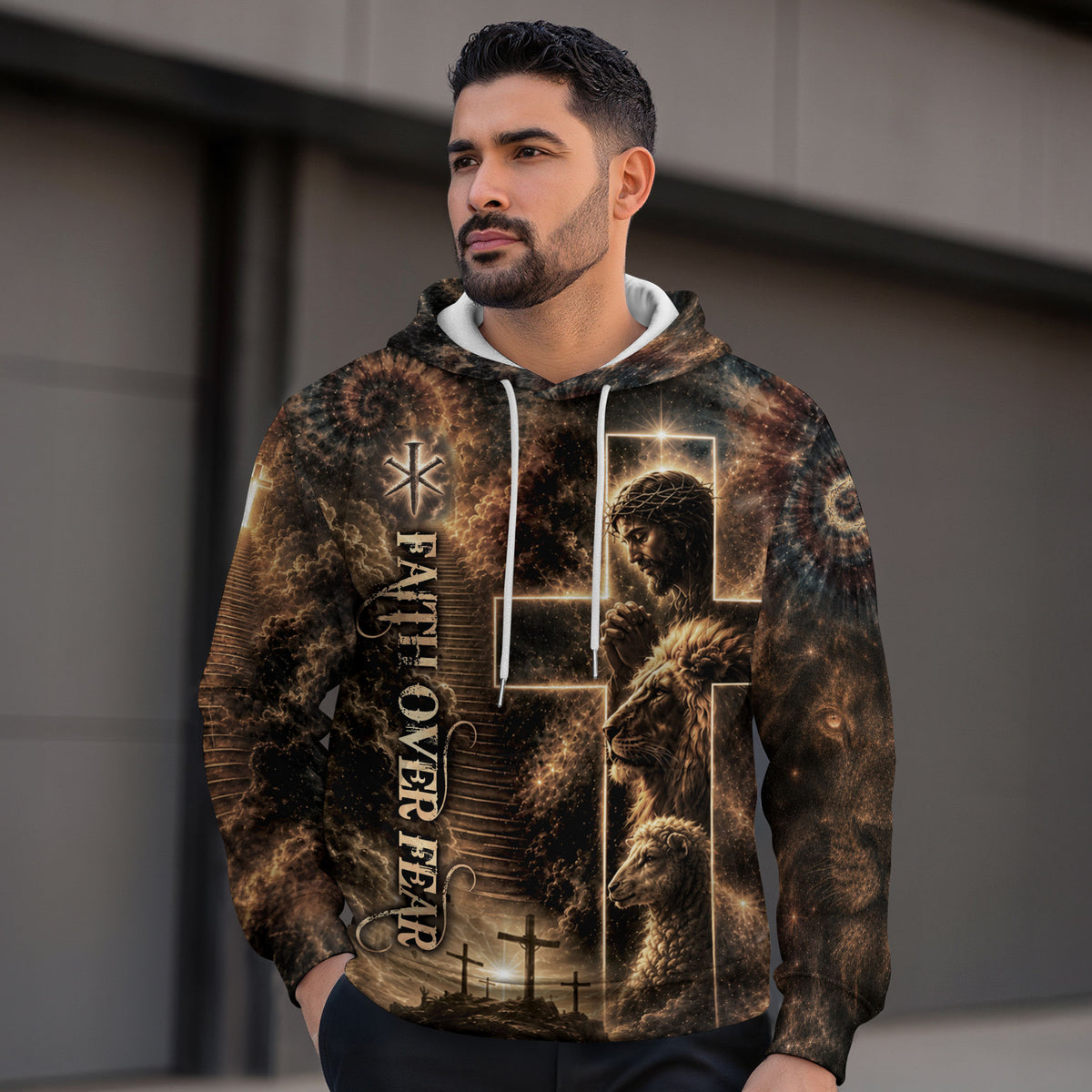 Faith Over Fear Hoodie 3D Jesus Christian Lion Cross Graphic Apparel Gift - Rust Field Wear
