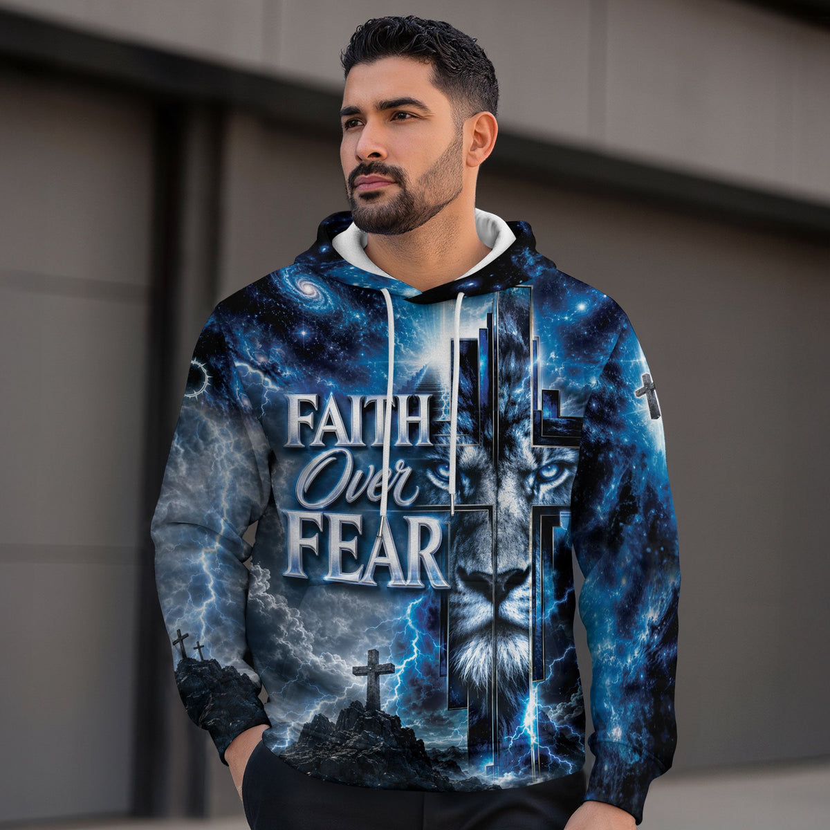Faith Over Fear 3D Hoodie Christian Lion Cross Storm Lightning Clothes - Rust Field Wear