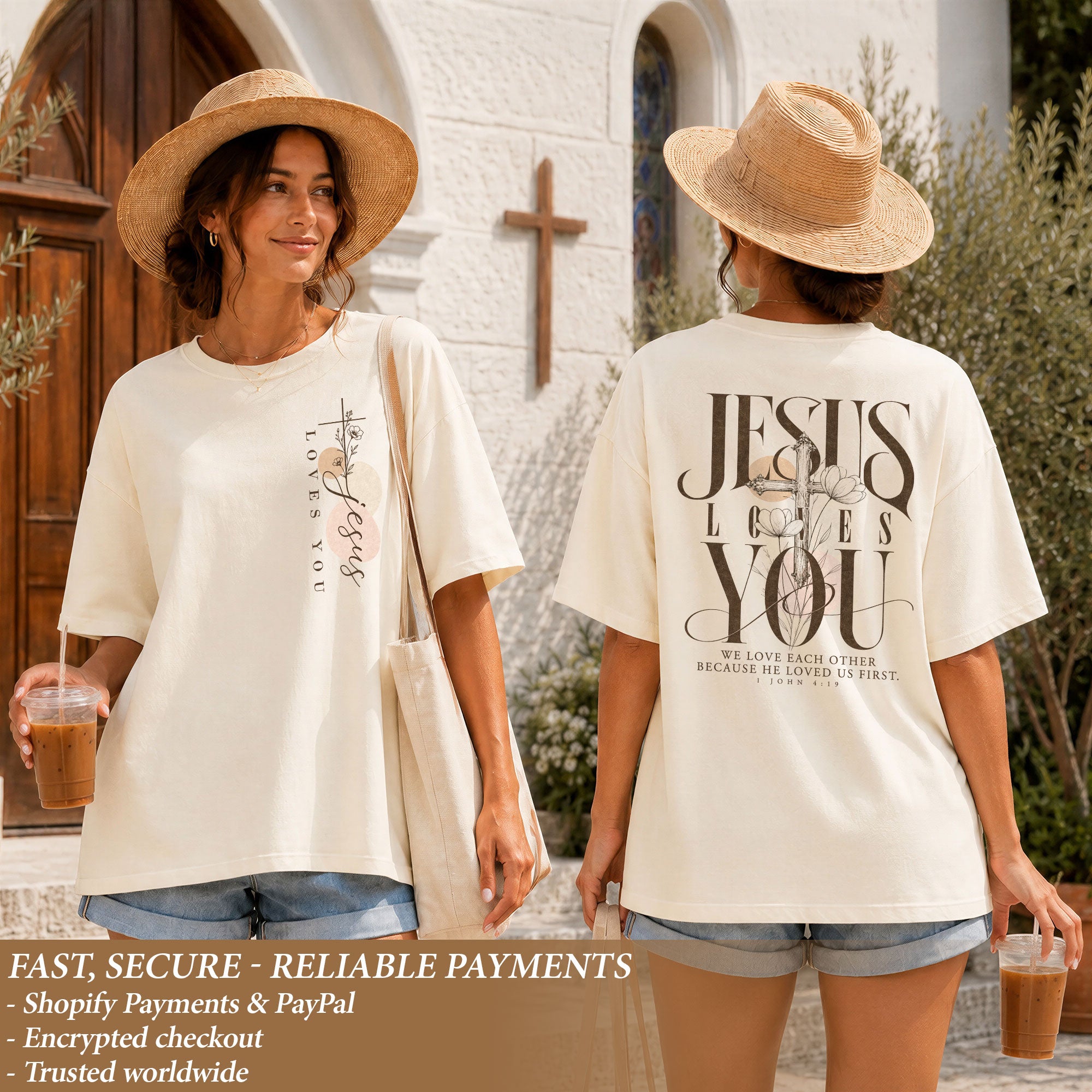 Jesus Loves You Cross Floral Christian Graphic Everyday Tee Shirt For Women Apparel
