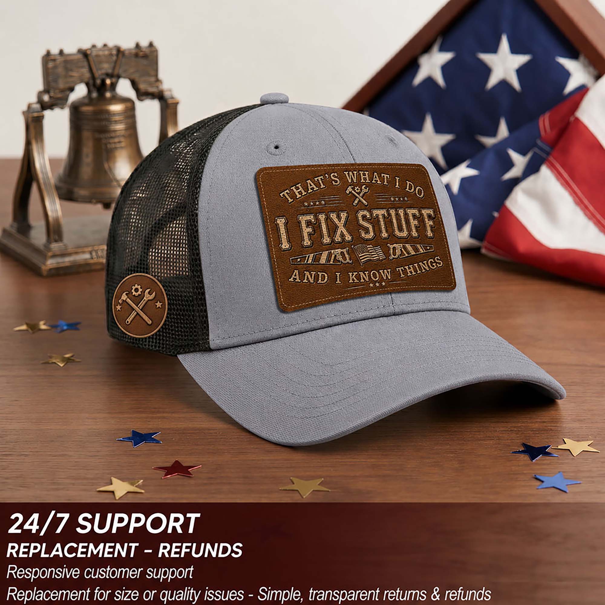 That's What I Do I Fix Stuff Leather Patch Gray Trucker Hat Cool Handyman Gift Idea