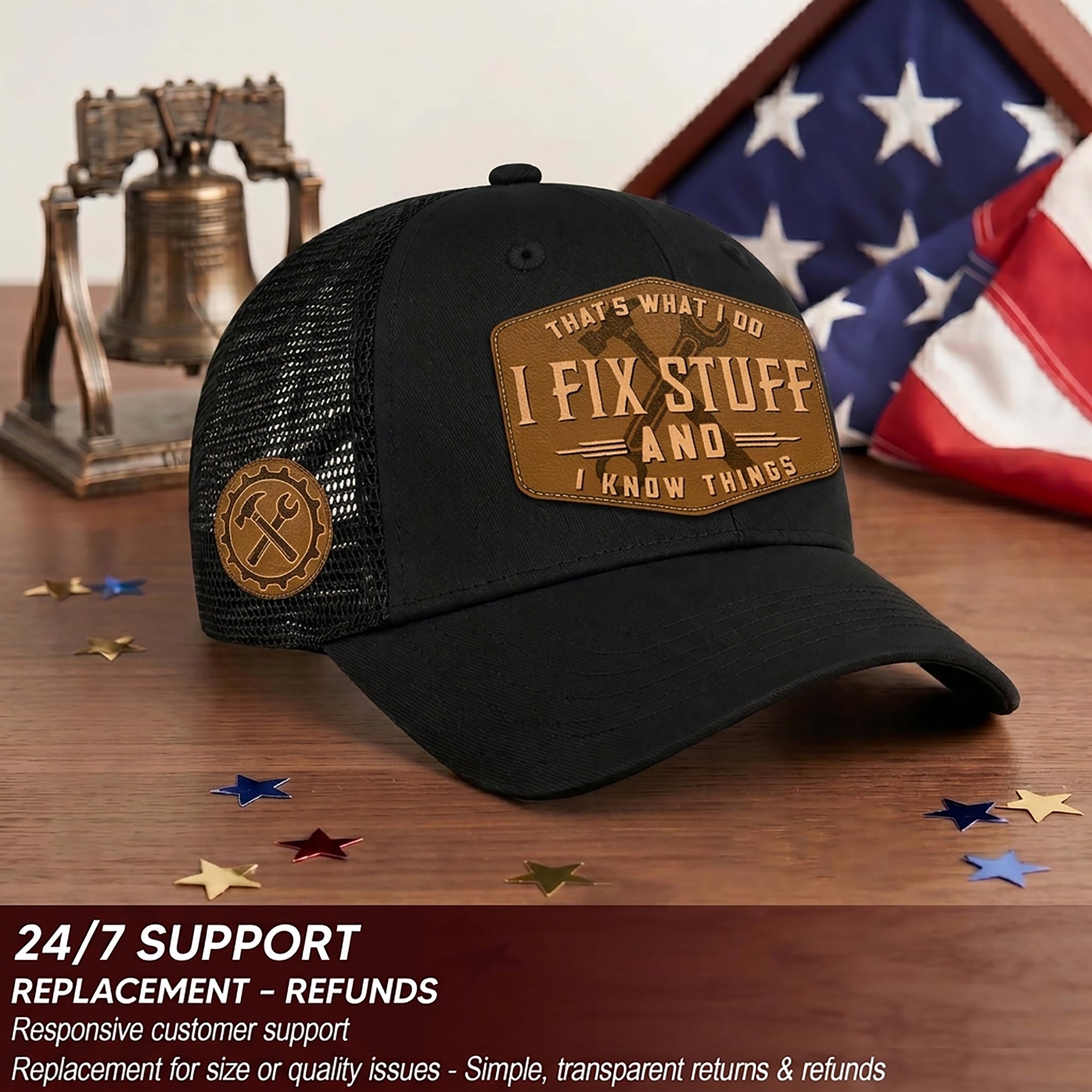 Black I Fix Stuff And I Know Things Hexagon Laser Engraved Leather Patch Trucker Hat - Rust Field Wear