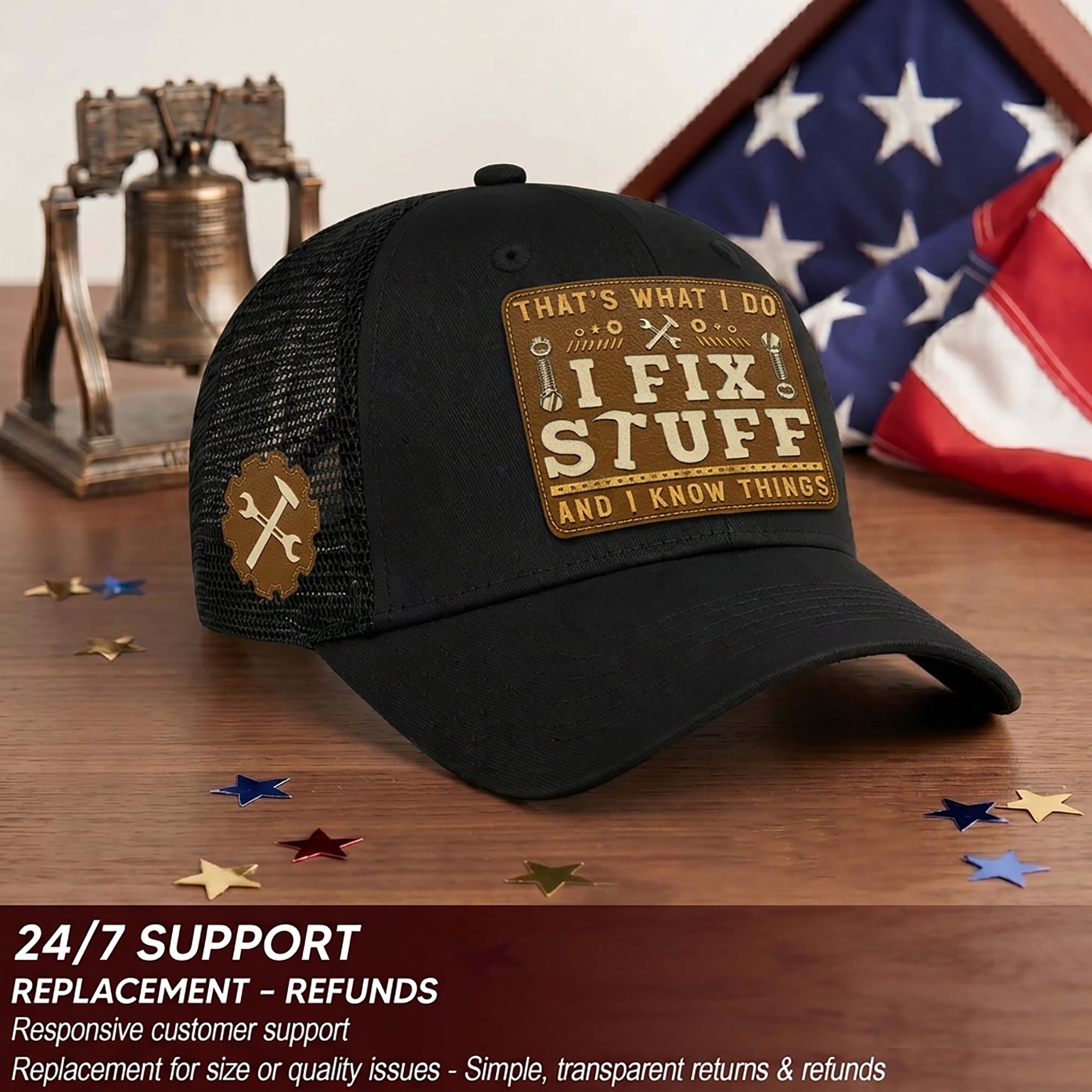 Black I Fix Stuff And I Know Things Square Laser Engraved Leather Patch Trucker Hat - Rust Field Wear