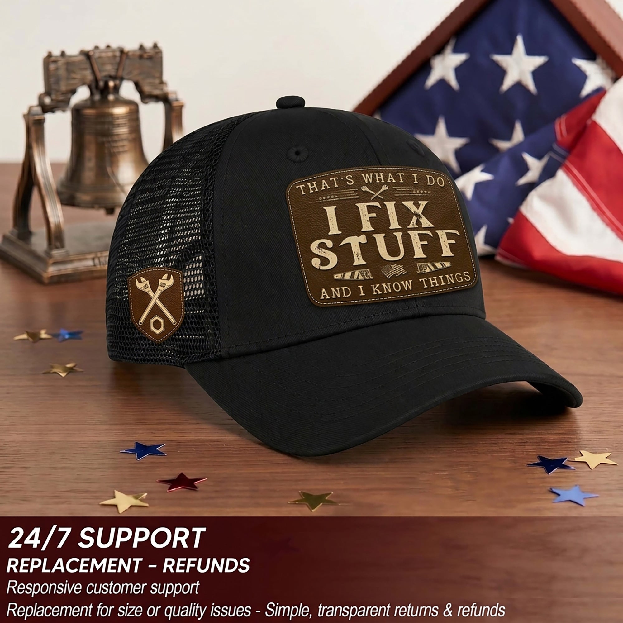 Black I Fix Stuff And I Know Things Saw Laser Engraved Leather Patch Trucker Hat - Rust Field Wear