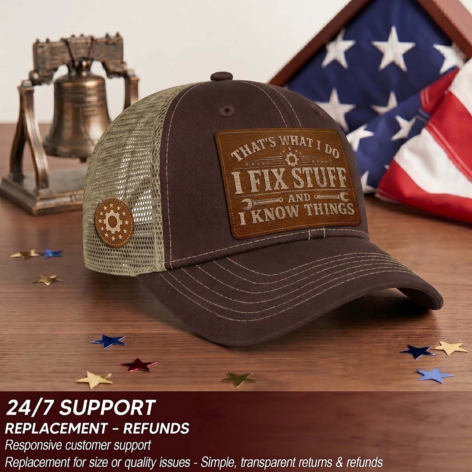 I Fix Stuff And I Know Things Laser Engraved Leather Patch Trucker Hat Mechanic Cap - Rust Field Wear