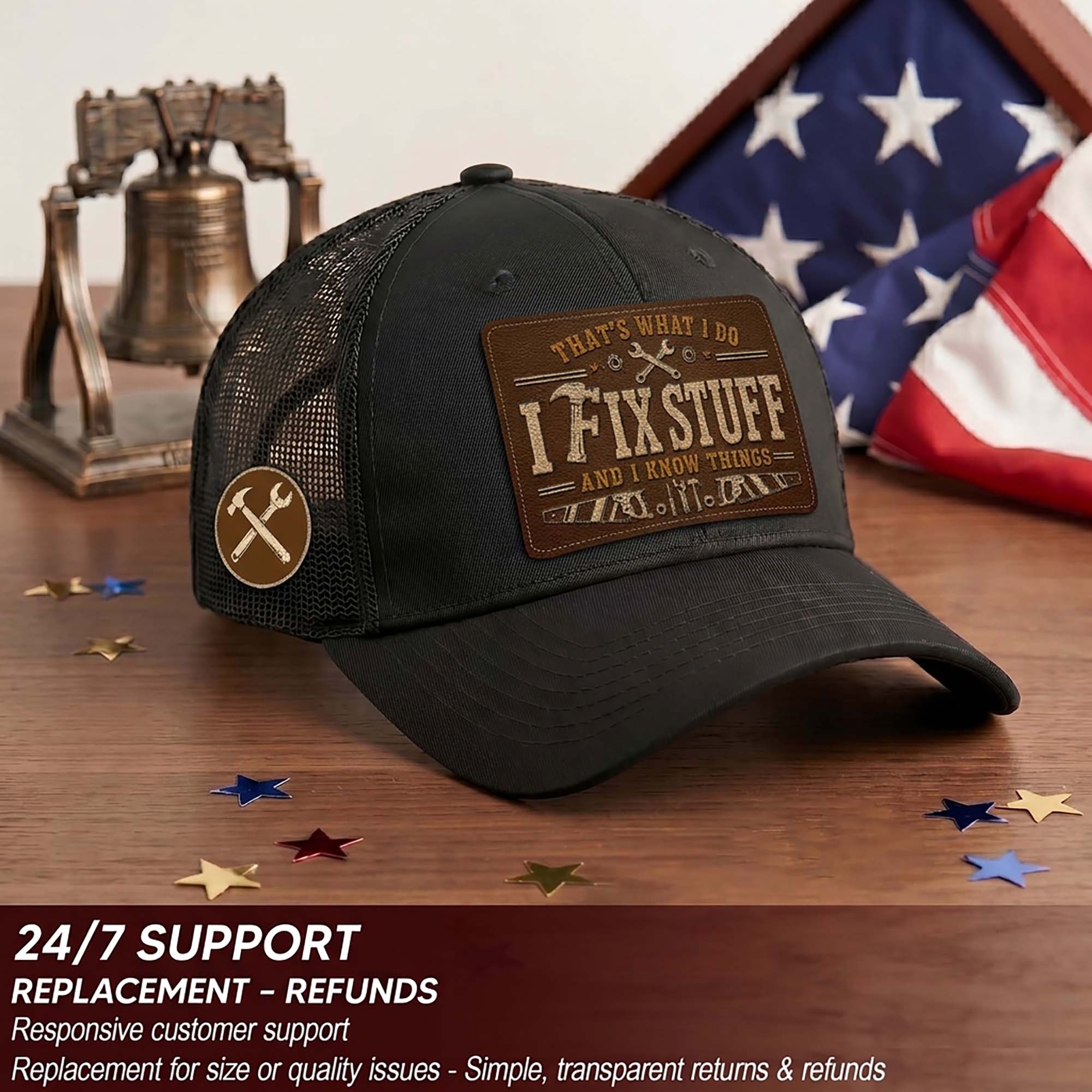Black I Fix Stuff And I Know Things Laser Engraved Leather Patch Trucker Hat Cap - Rust Field Wear