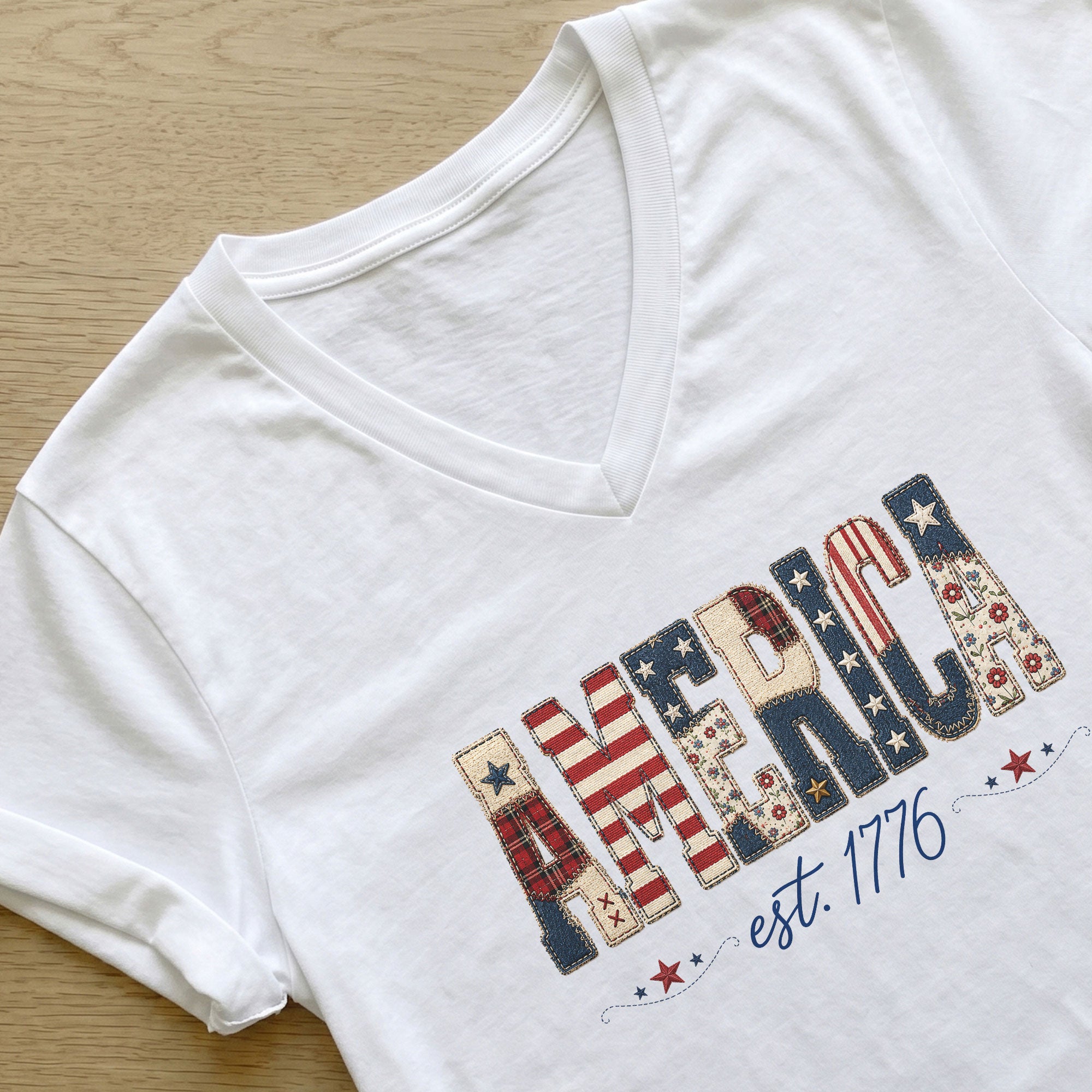 America Est. 1776 V-Neck Graphic Tee - Patriotic Women's Casual White Summer Shirt