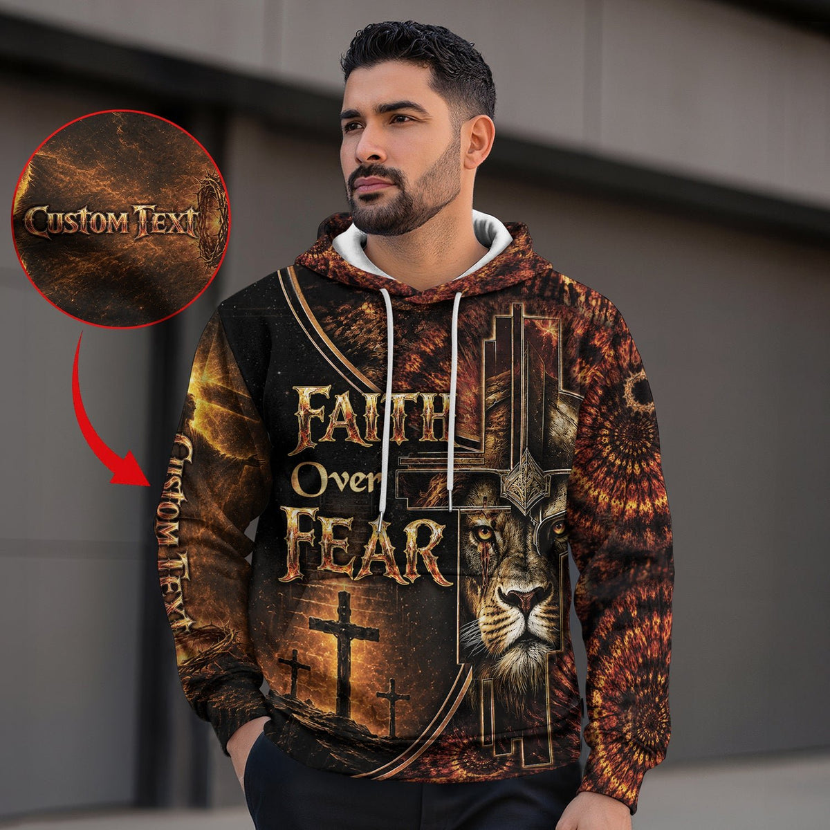 Custom Name Faith Over Fear 3D Hoodie Lion Christian Cross Warrior Helmet Gift - Rust Field Wear