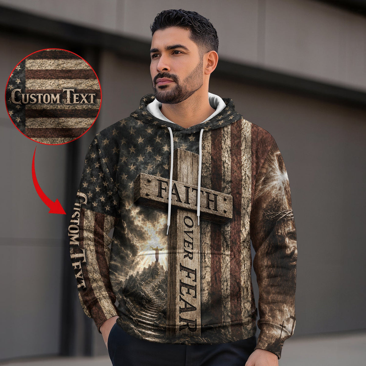 Custom Text Faith Over Fear 3D Hoodie Lion Christian Cross Heaven Gift - Rust Field Wear