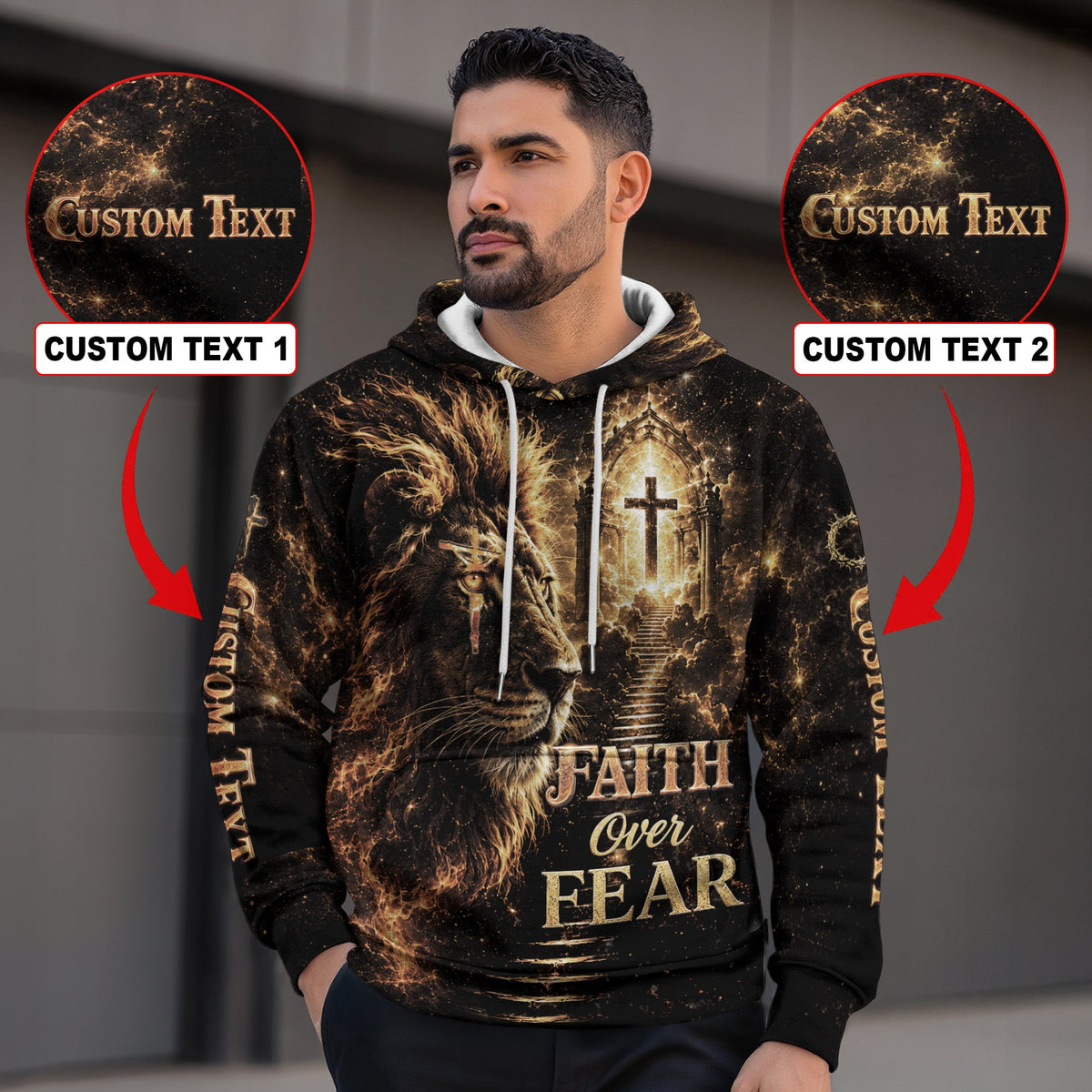 Personalized Faith Over Fear 3D Hoodie Custom Jesus Lion Cross Clothes - Rust Field Wear
