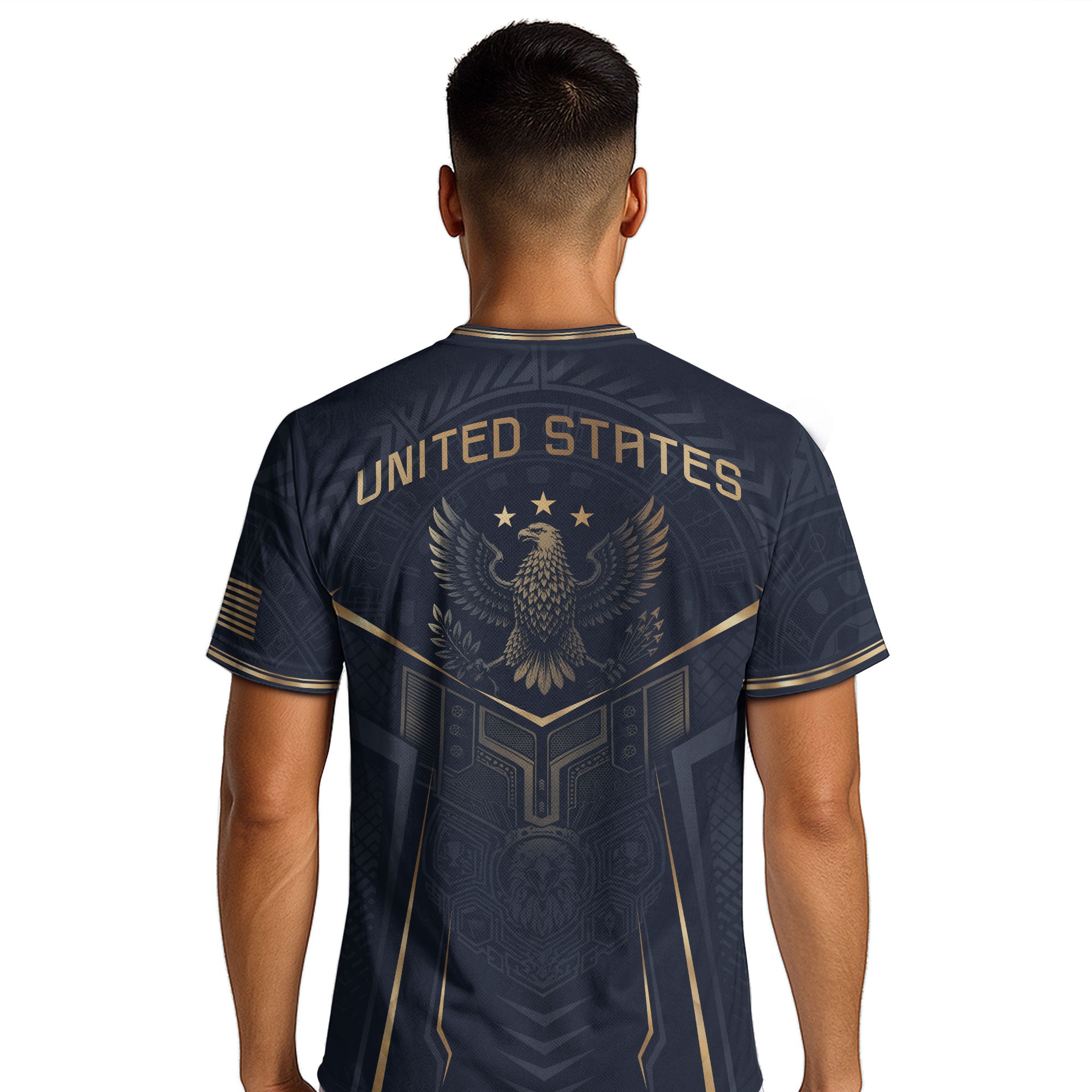 USA Soccer Jersey Navy Gold Eagle Shield Graphic Sports Tee for Soccer Fans