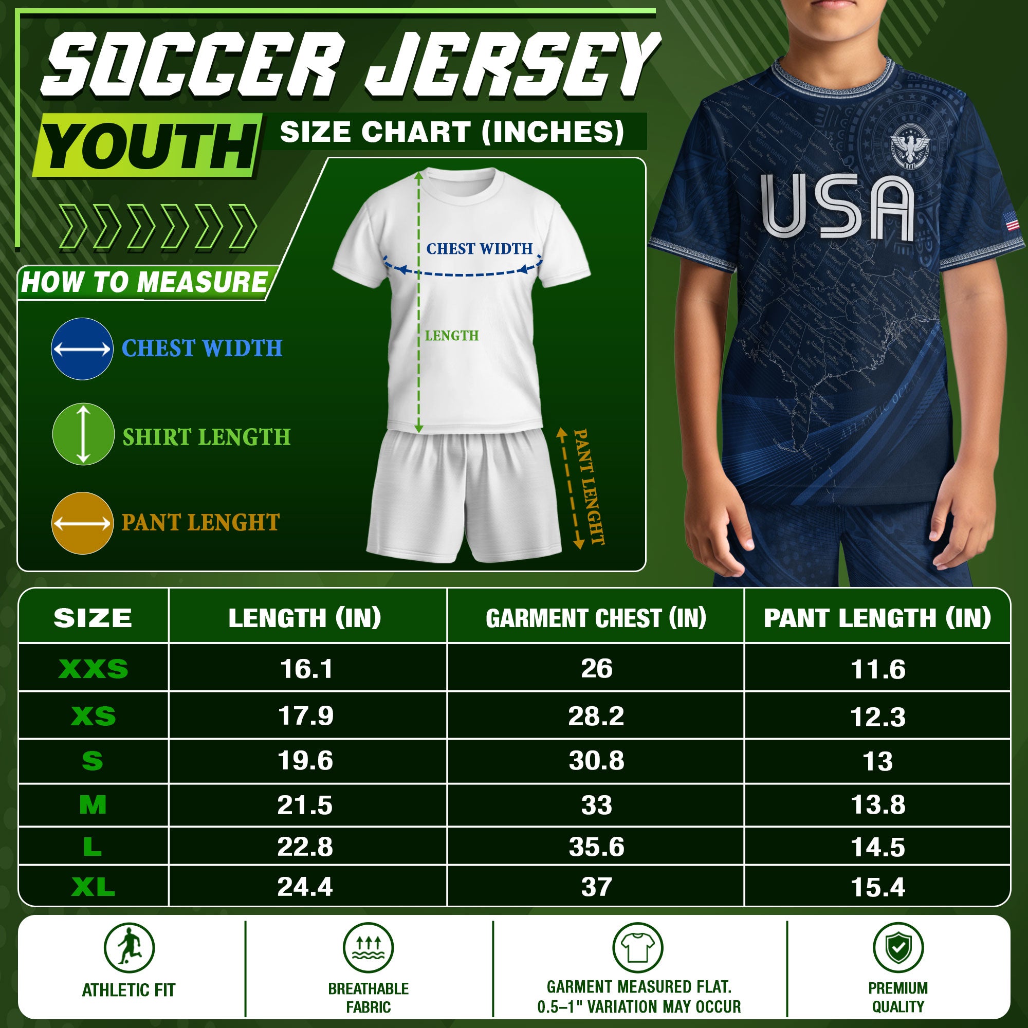 USA Kids Soccer Jersey Set Navy Blue Eagle Map Patriotic Football Outfit Kit