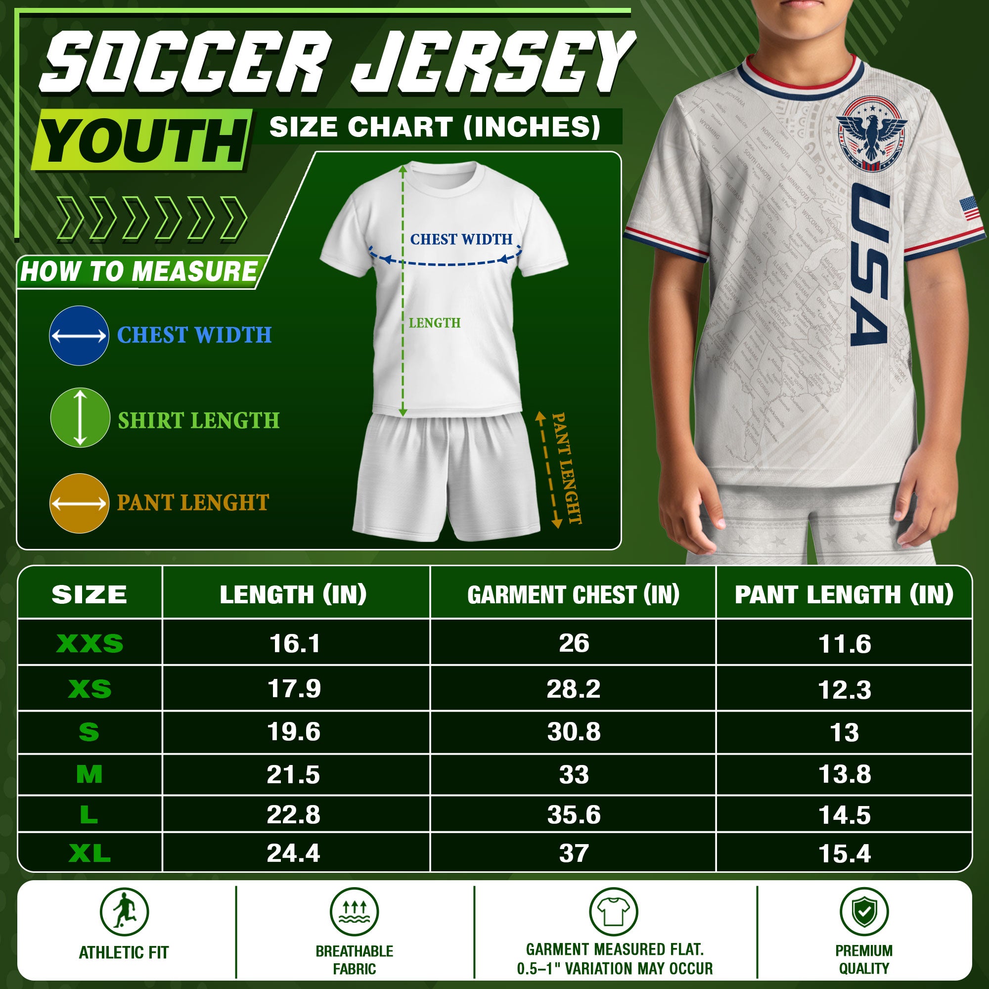 USA Kids Soccer Jersey Set White Eagle Patriotic Youth Football Outfit Kit