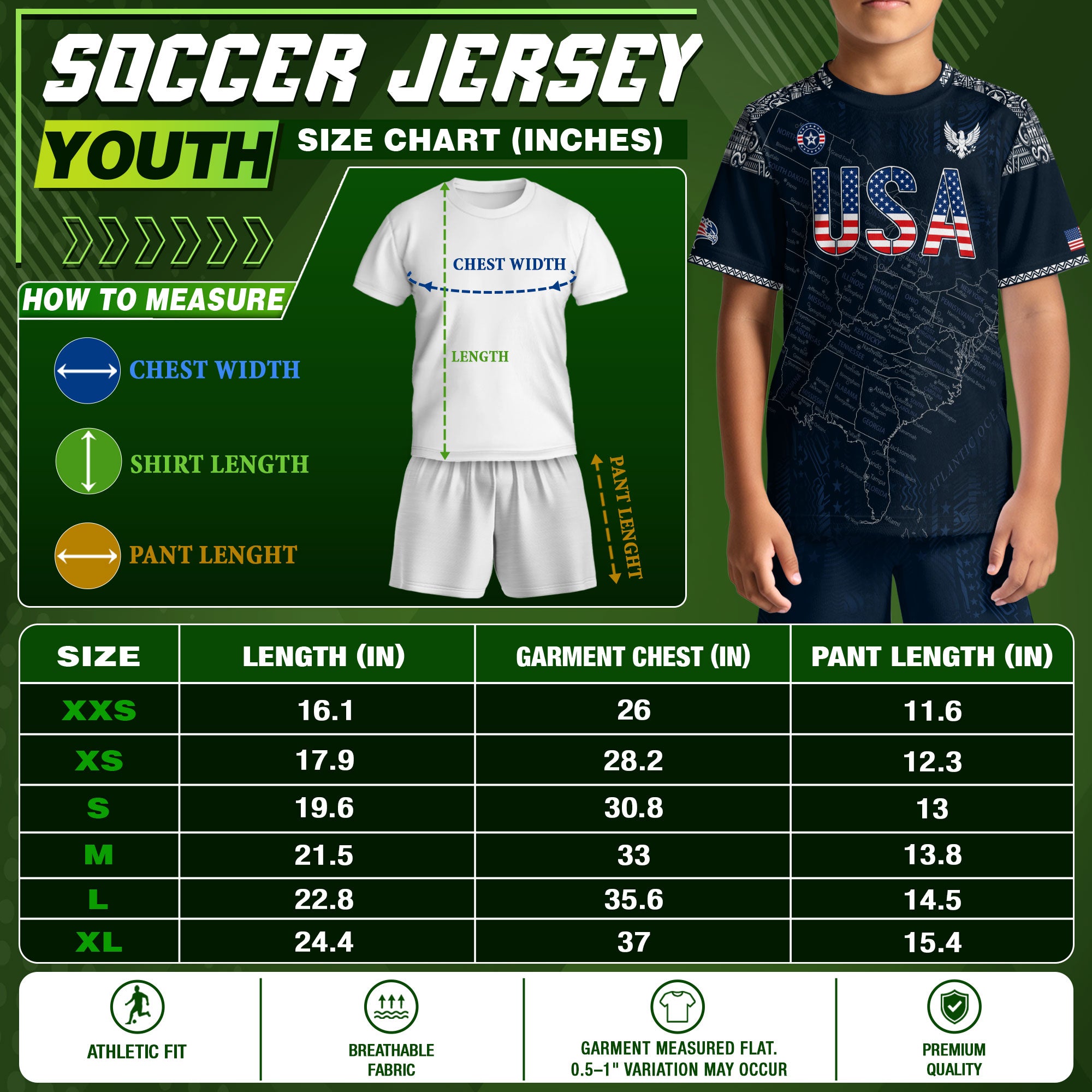 USA Kids Soccer Jersey Set Navy Blue Flag Graphic Youth Football Kit