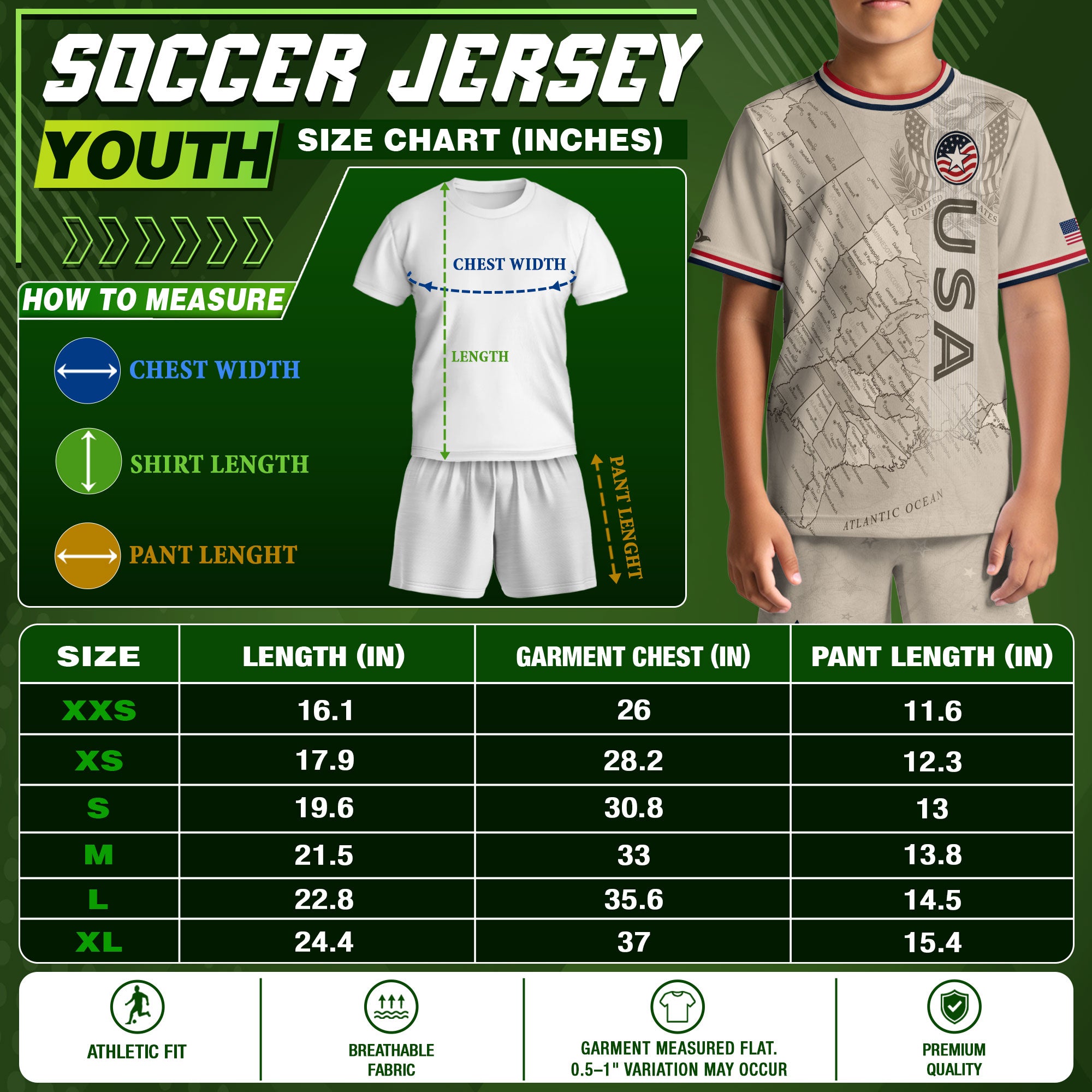 USA Kids Soccer Jersey Set Off White Map Graphic Youth Football Kit