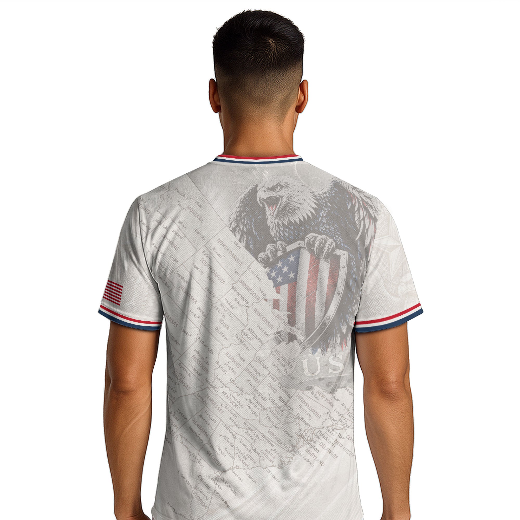 USA Soccer Jersey White US Map American Flag Shirt Patriotic Eagle Soccer Fan Tee