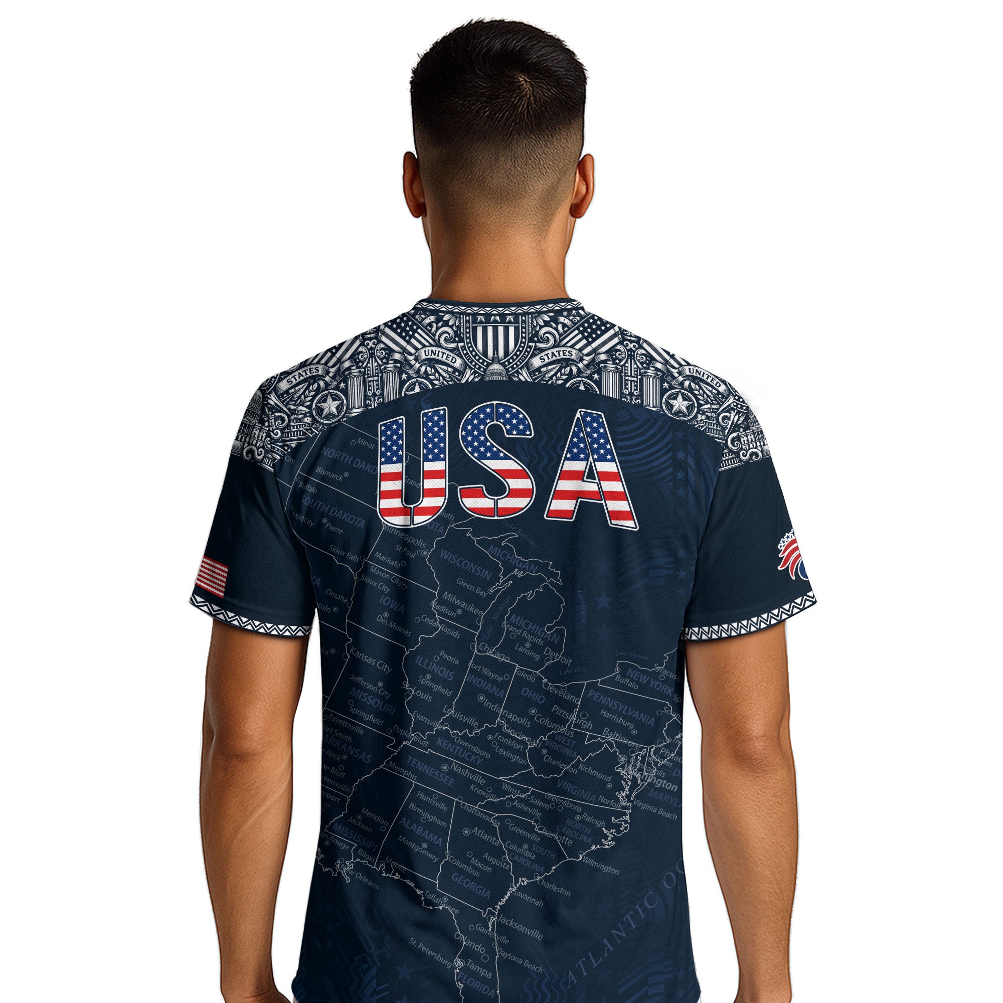 Navy USA Soccer Jersey Flag Pattern US Map American Shirt Patriotic Stars Stripes