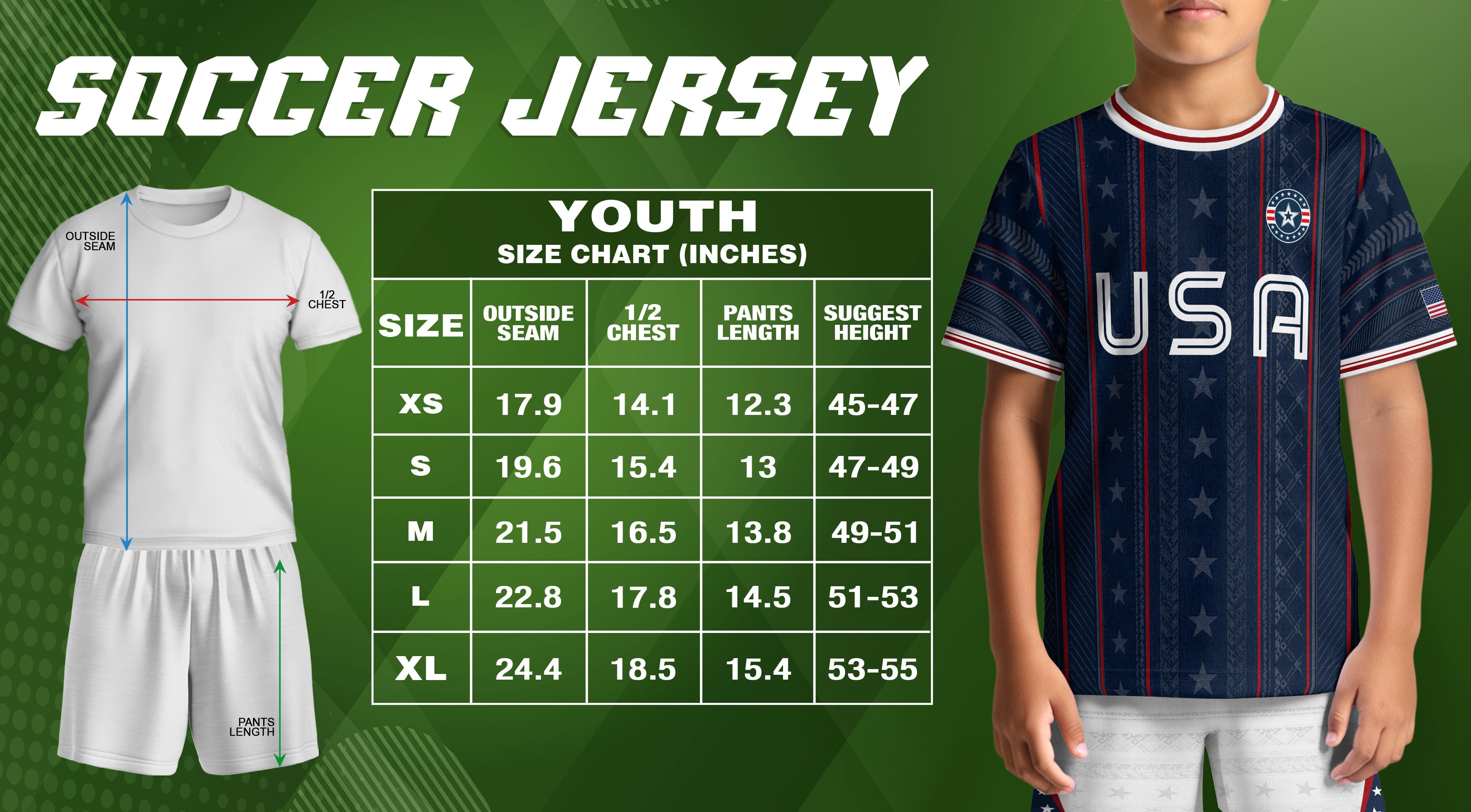 USA Kids Soccer Jersey Set Navy Blue White Striped Youth Football Kit