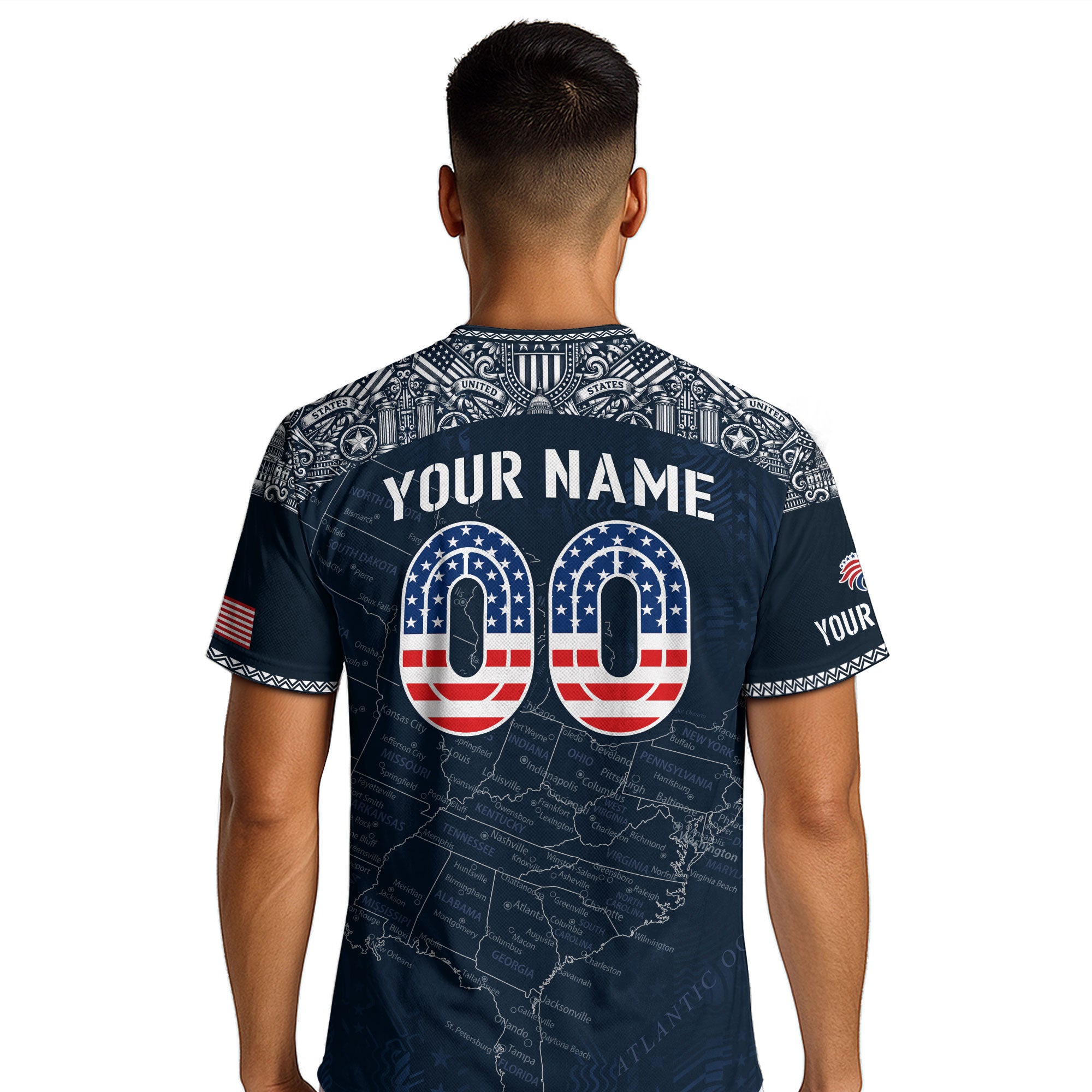 Custom Name Number USA Soccer Jersey Vintage Map Patriotic Navy Blue Football Team Shirt