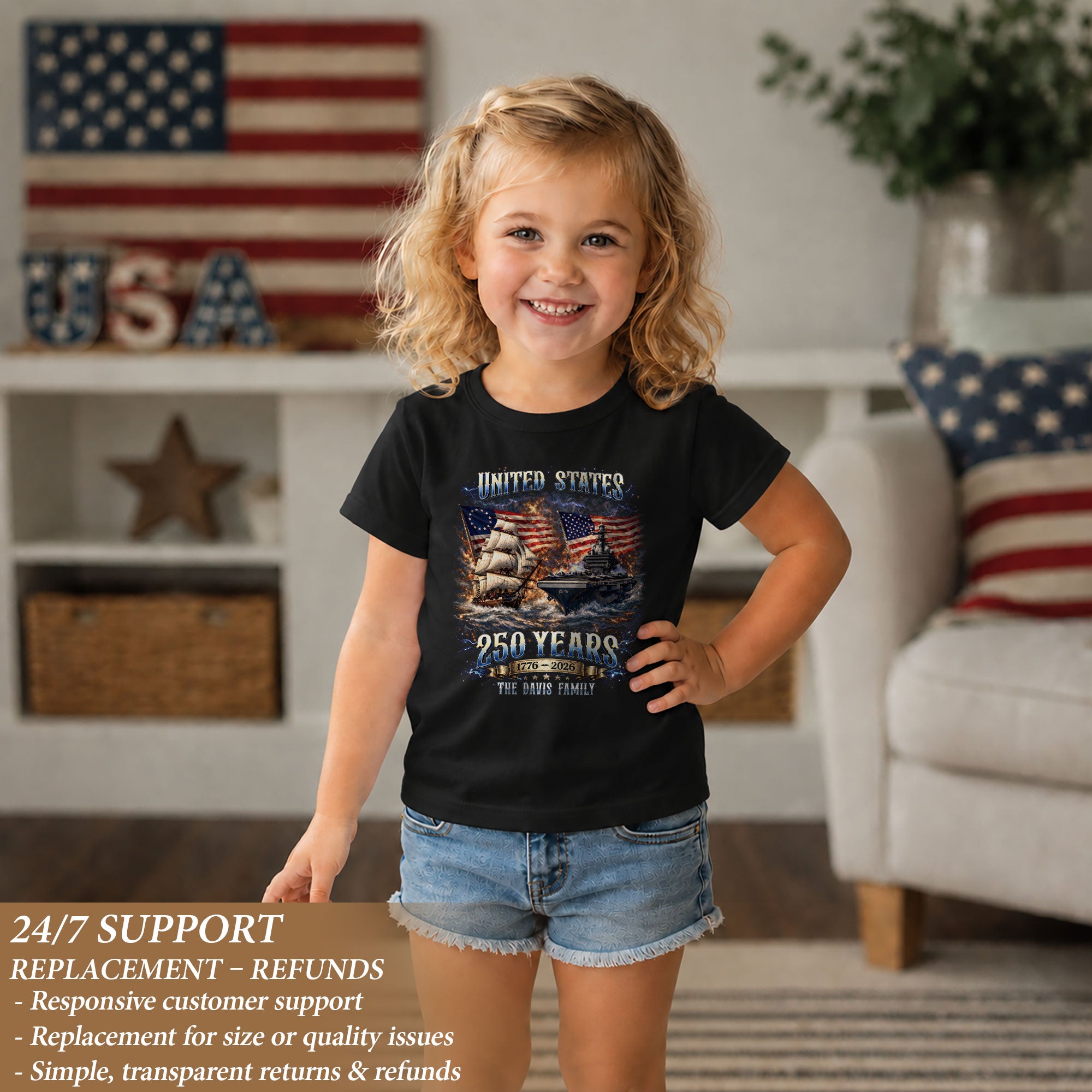 Warship Sailing Vessel Holiday Graphic Tee Customized Custom Family Name USA Shirts