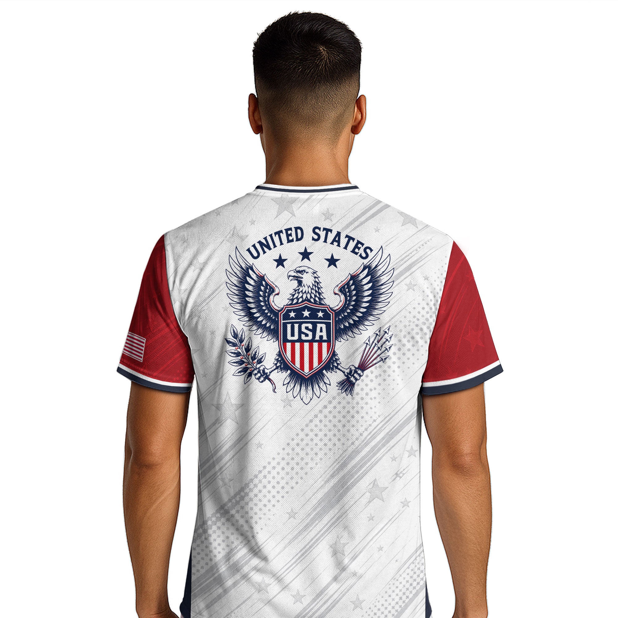 Adult USA Soccer Jersey White Navy Patriotic Diagonal Sash Polka Dot United States Tee