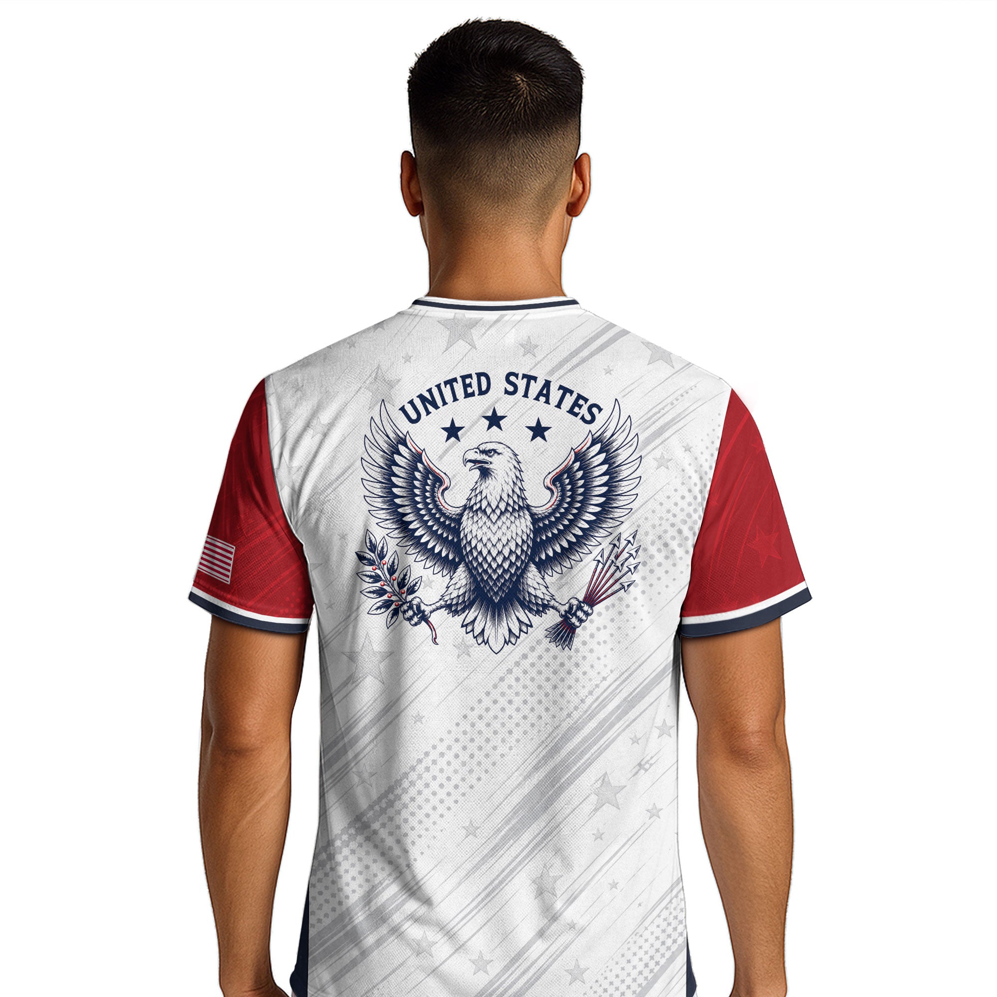 Adult USA Soccer Jersey White Navy Patriotic Diagonal Sash Polka Dot United States Tee