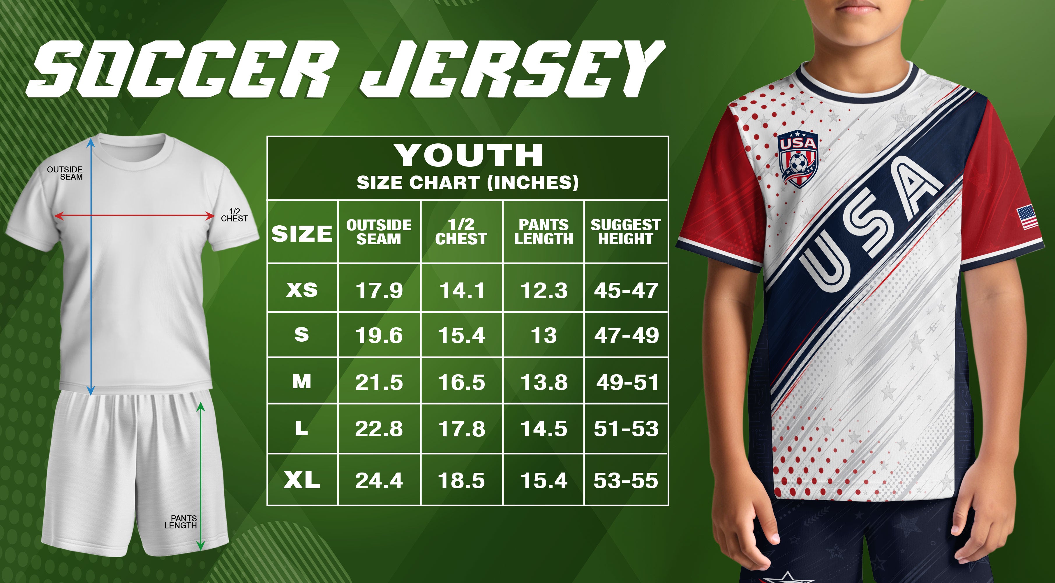 Kids USA Soccer Jersey Youth Patriotic White Navy Diagonal Sash Polka Dot Sport Shirt
