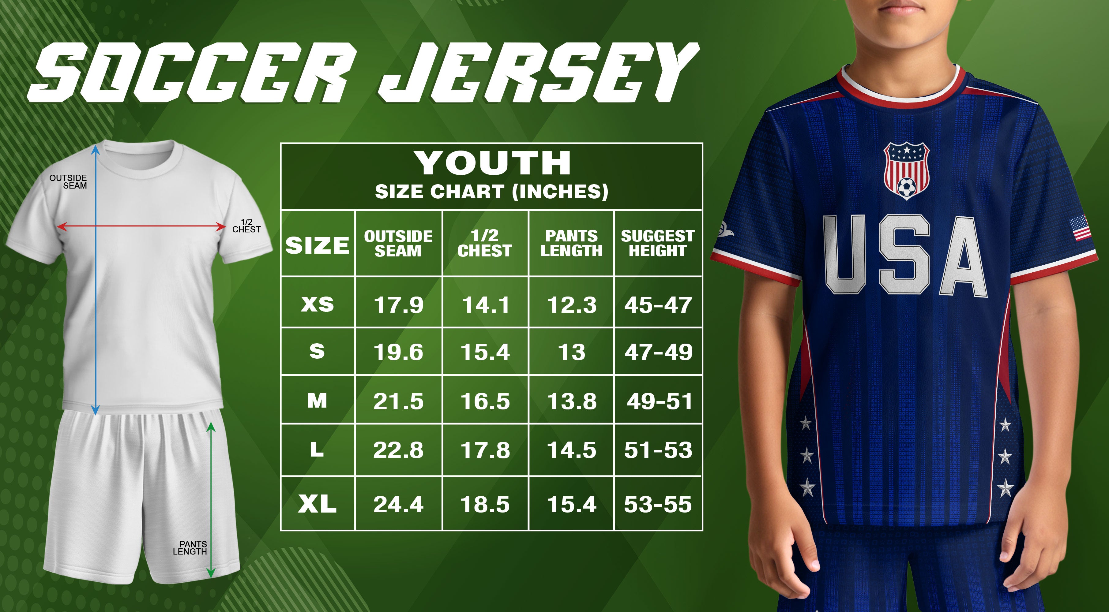 Kids USA Soccer Jersey Youth Patriotic Navy Vertical Stripe Star Side United States Tee