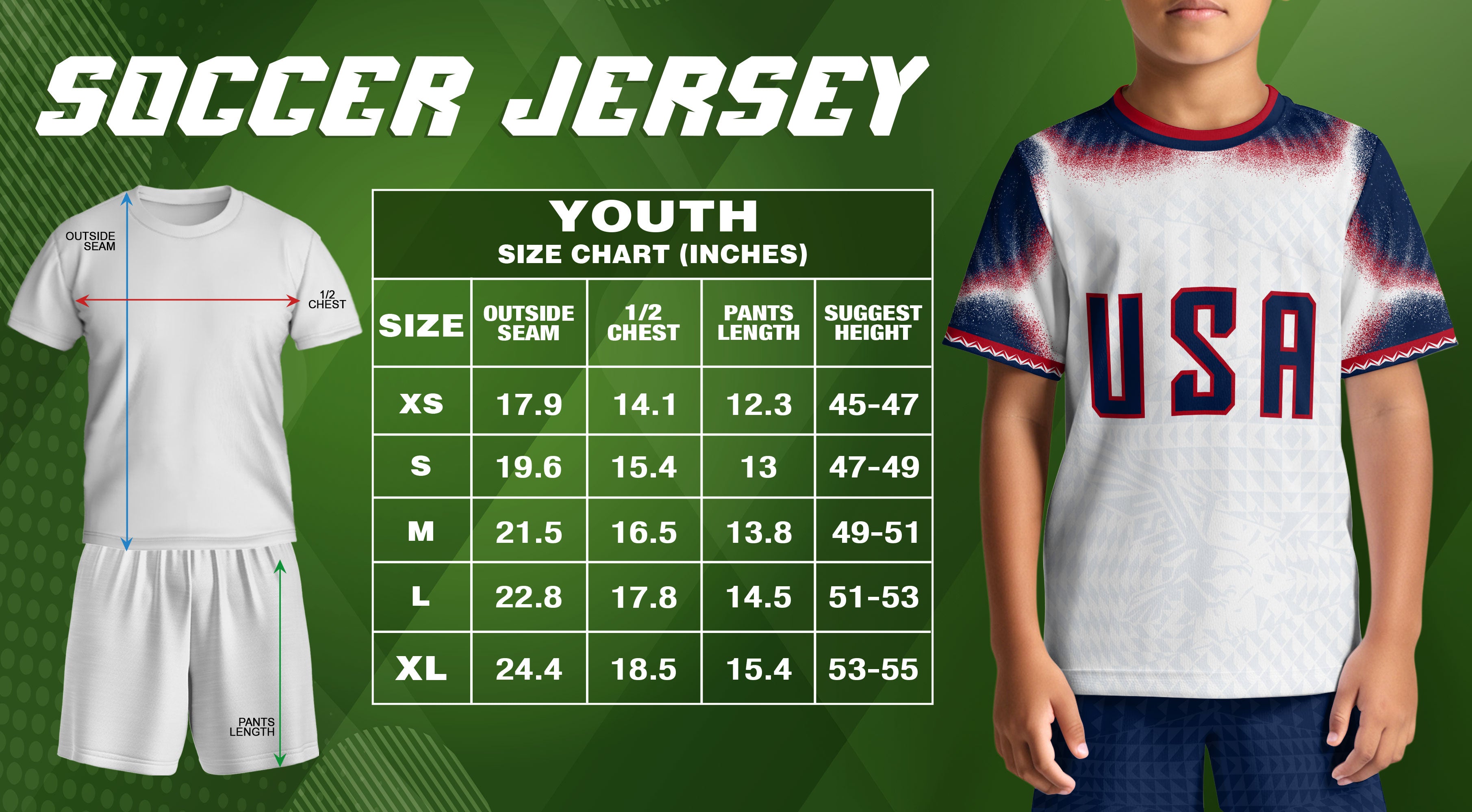 Kids USA Soccer Jersey White Youth Red Blue Patriotic Football Tee Shirt