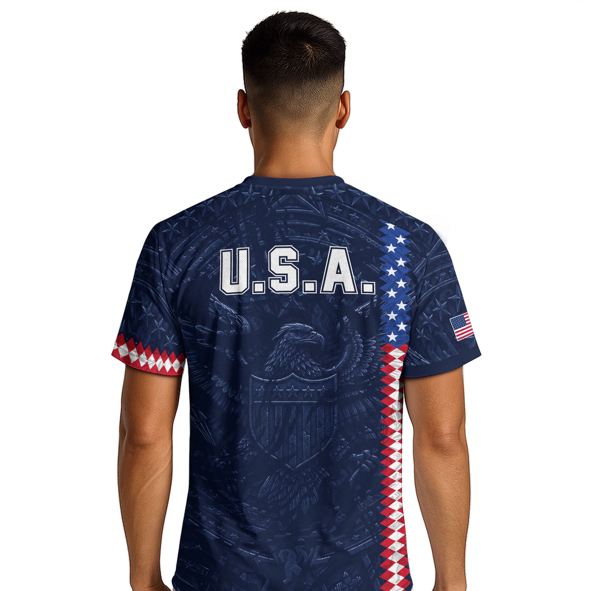 USA Soccer Jersey Men Navy Blue Eagle Flag Pattern Patriotic Football Shirt - Rust Field Wear