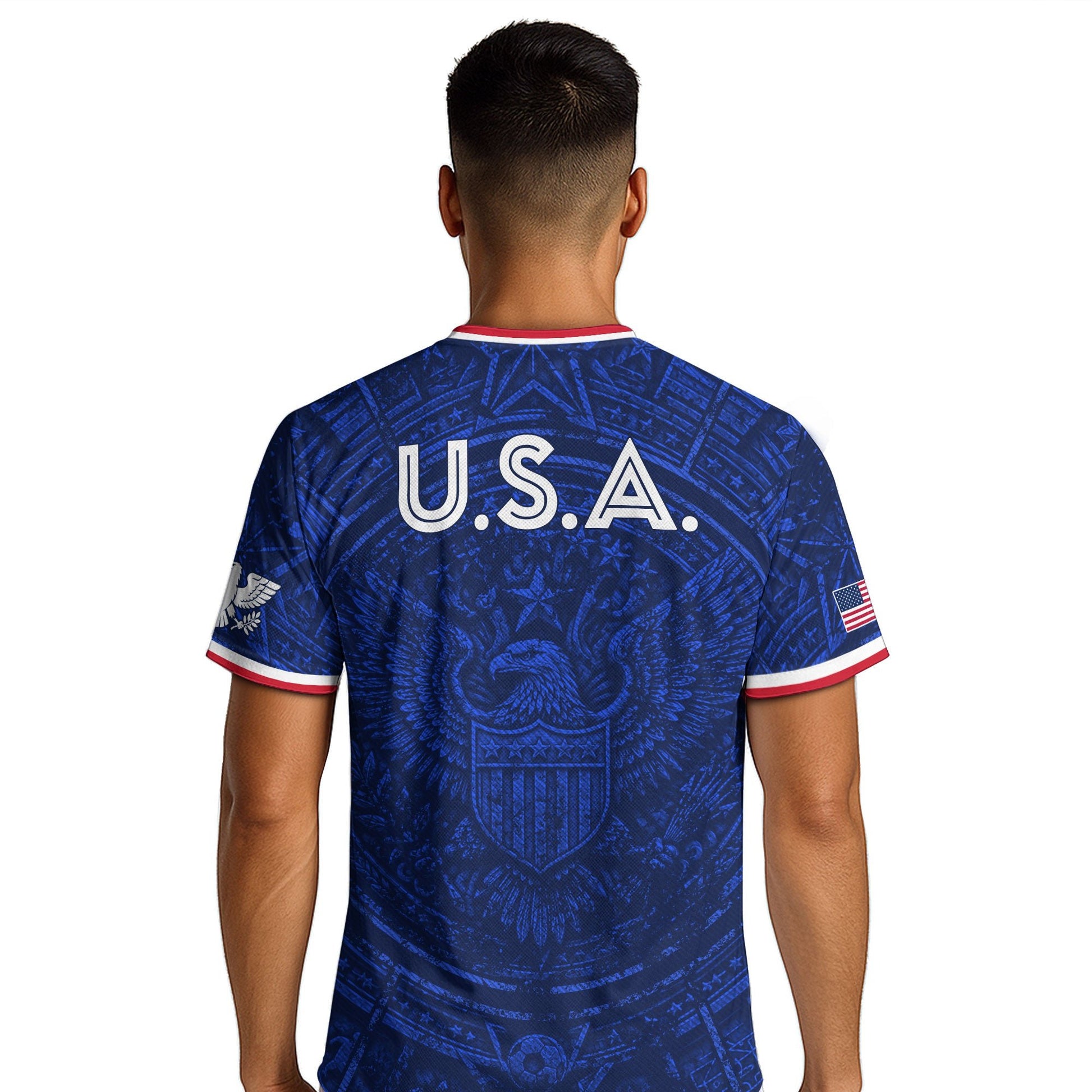 USA Soccer Jersey Men Royal Blue Eagle Graphic Patriotic Football T-Shirt - Rust Field Wear