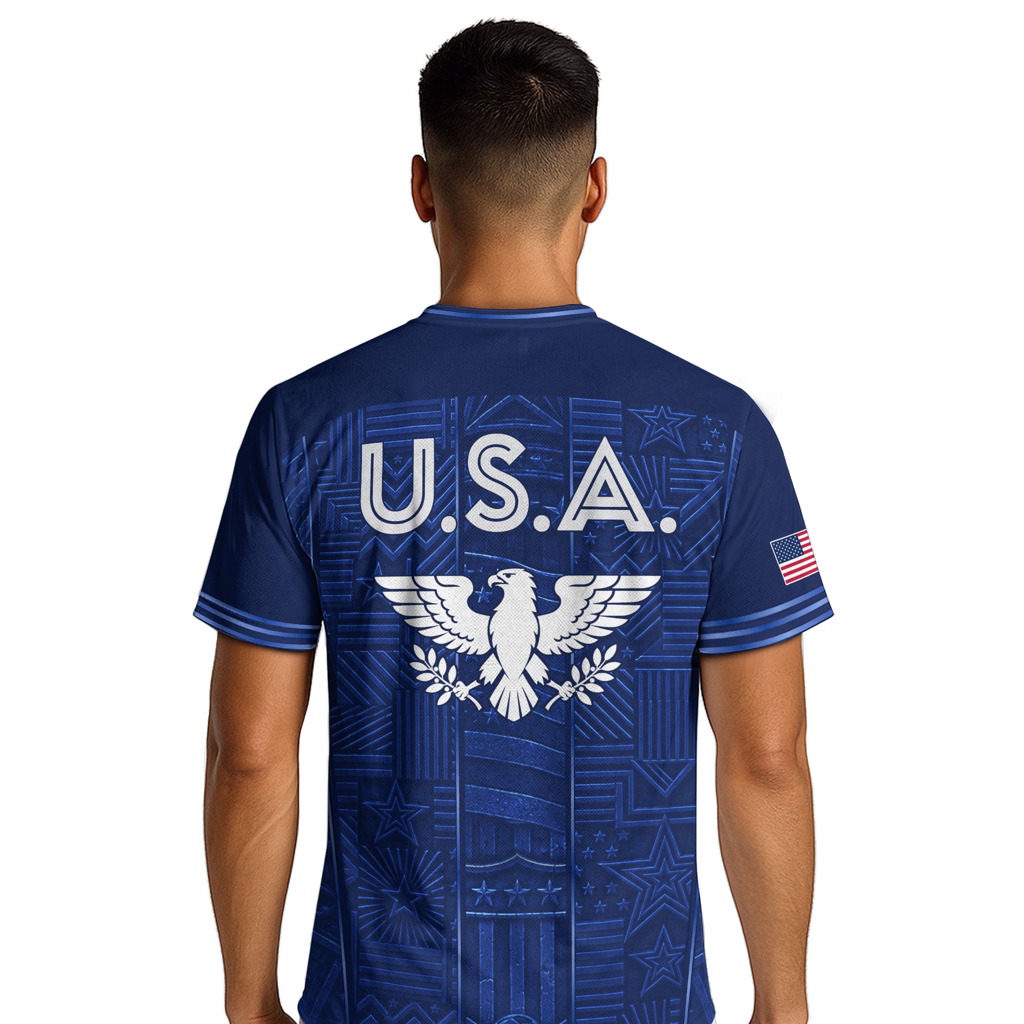USA Soccer Jersey Men Navy Blue Eagle Star Pattern Patriotic Football T-Shirt - Rust Field Wear