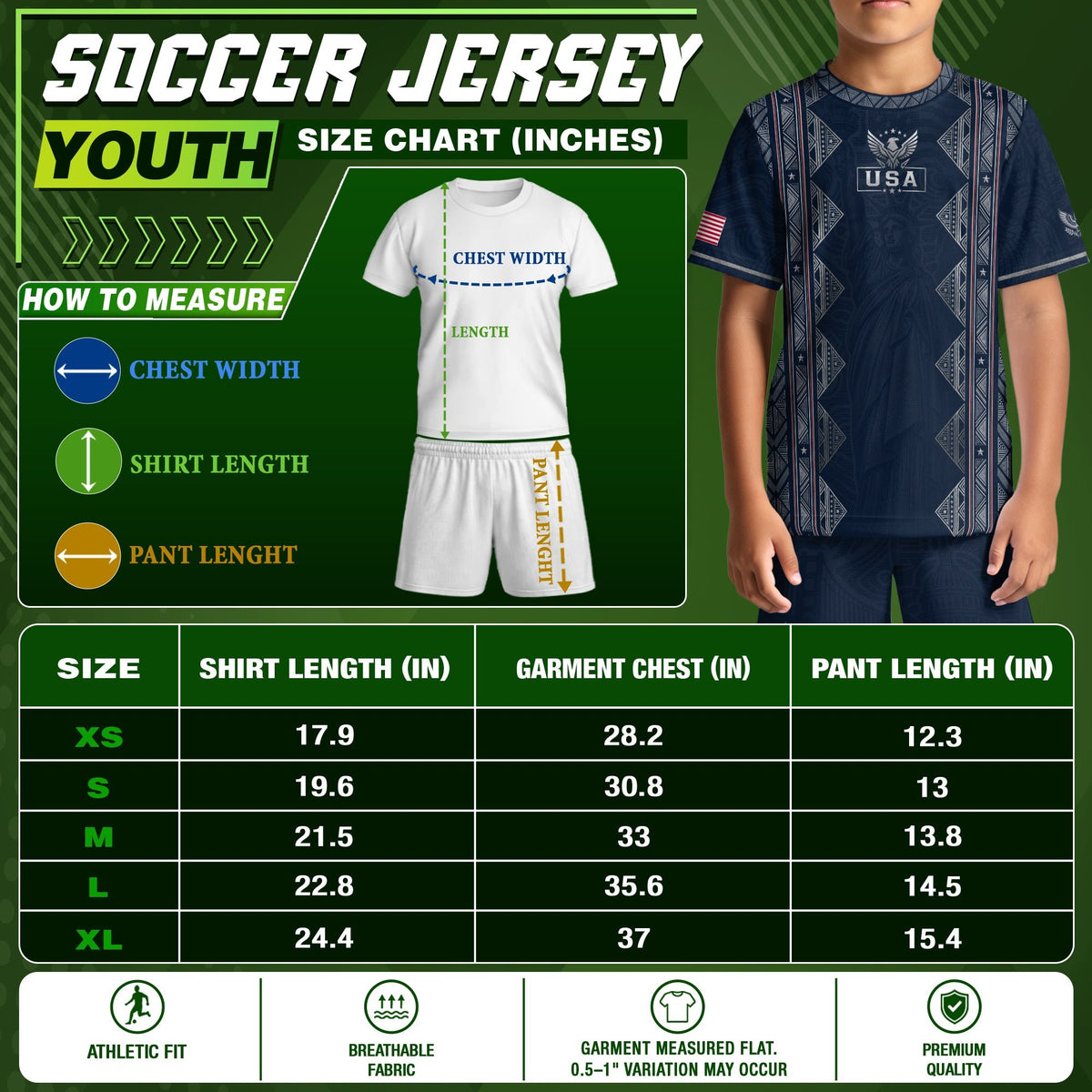 Youth Blue USA Football Jersey Breathable Patriotic Statue Liberty Design Fan Tee - Rust Field Wear