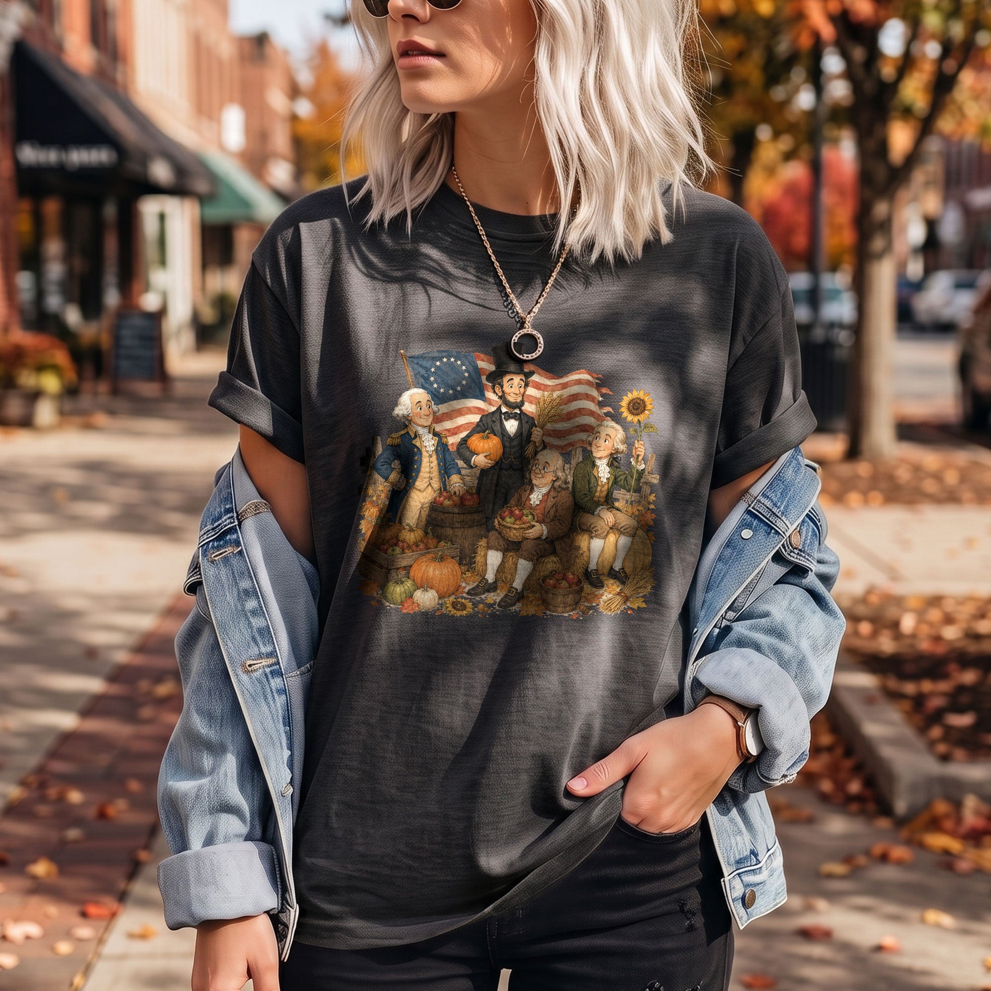 Historical Figures Fall T-Shirt Patriotic Autumn Graphic Tee for Thanksgiving Lovers