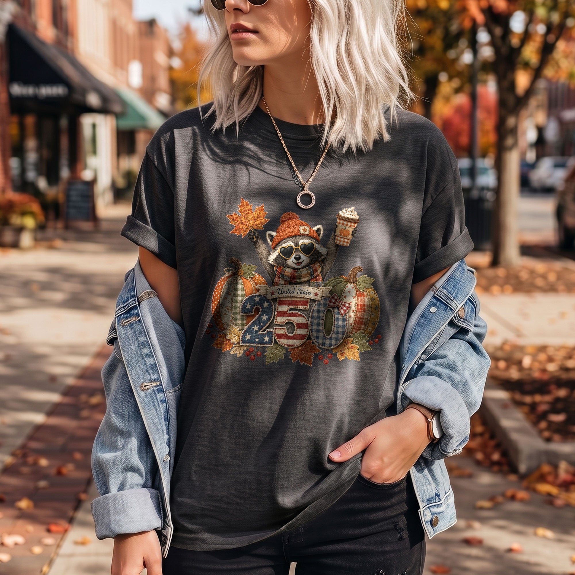 Cute Raccoon 250 Years United States Shirt: Cozy Autumn Pumpkin Seasonal Graphic Tee