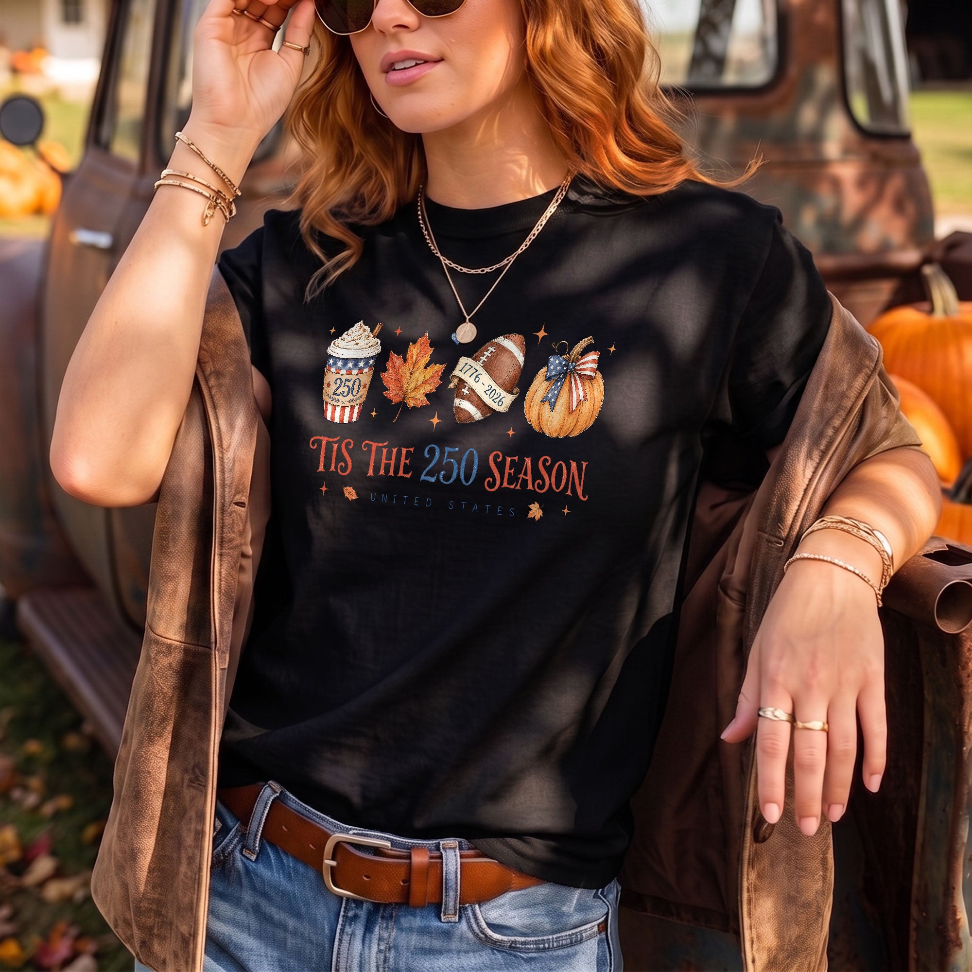 Tis The 250 Season United States T-Shirt: Festive Fall Pumpkin Football Graphic Tee