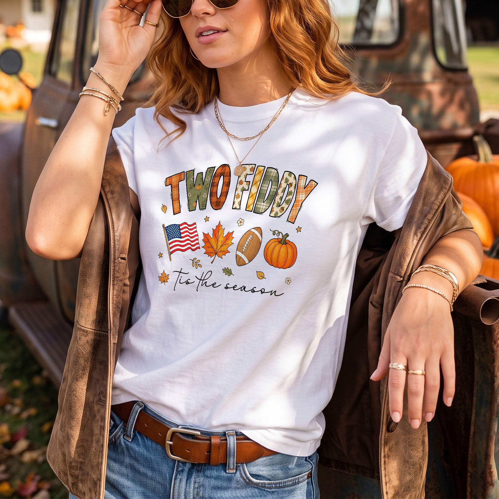 Two Fiddy Tis The Season Shirt Football Pumpkin Fall US Flag Patriotic Tee