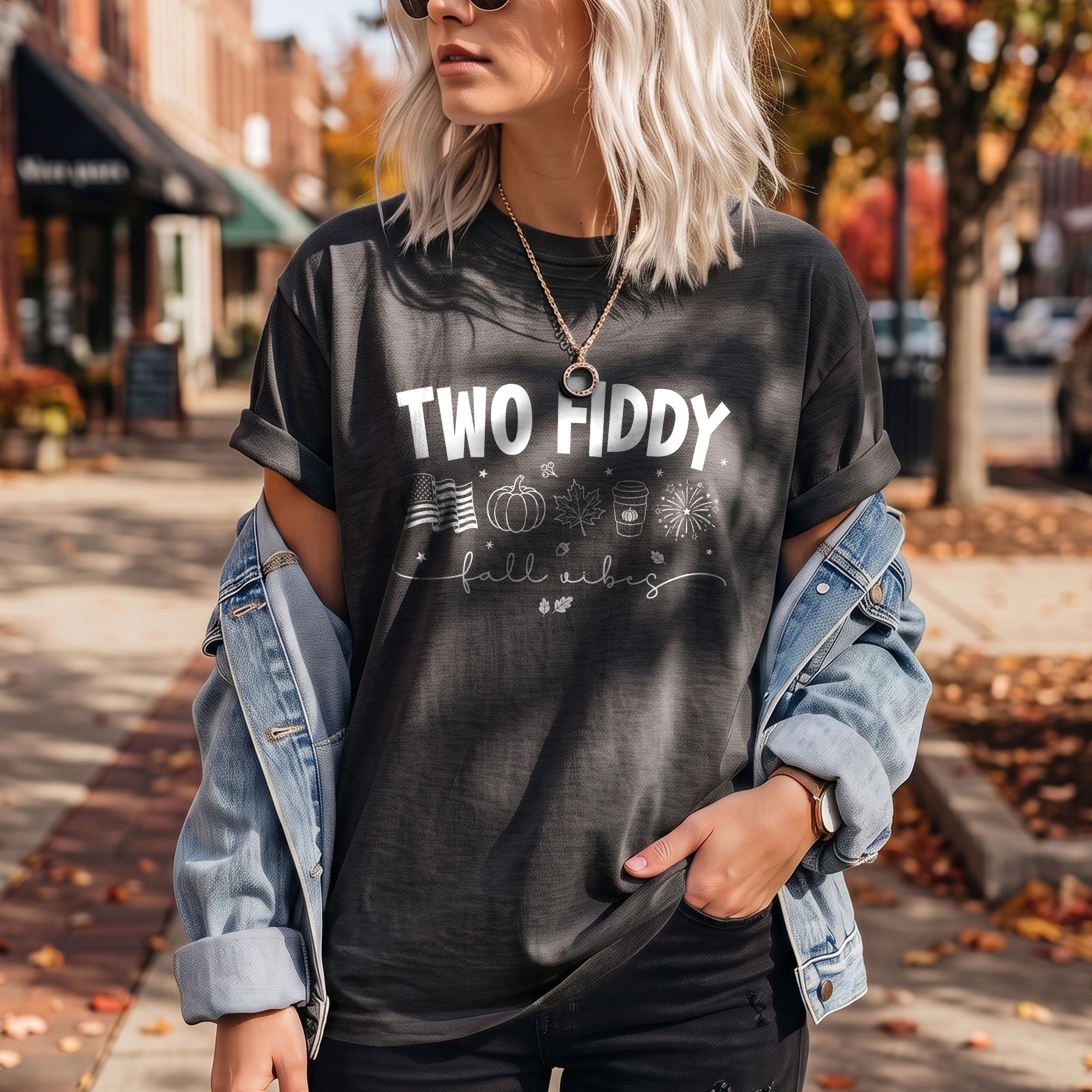 Two Fiddy Fall Shirt Pumpkin Spice Coffee US Flag Fireworks Autumn Graphic