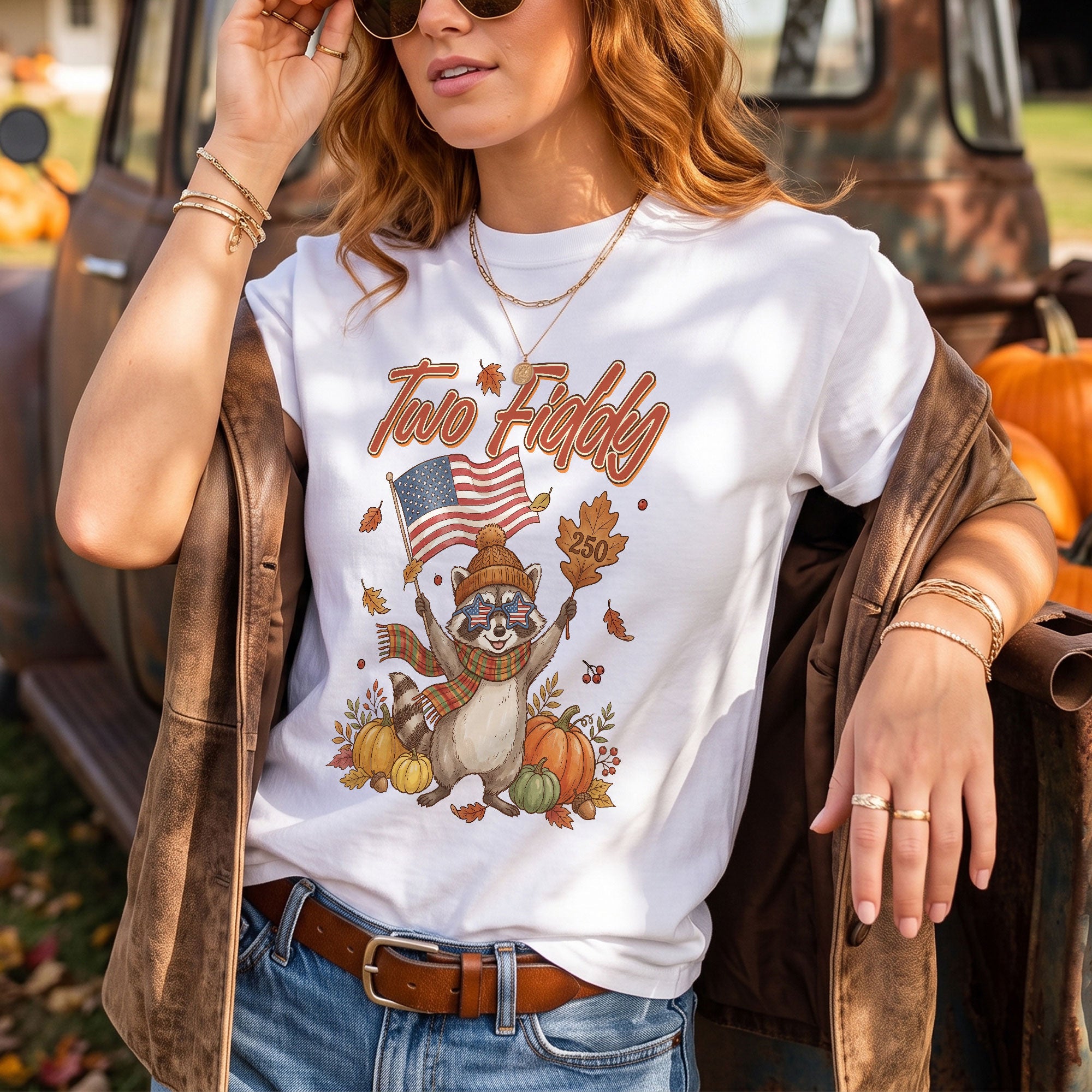 Two Fiddy Fall Vibes Shirt Cute Raccoon Pumpkin US Flag Autumn Graphic Tee
