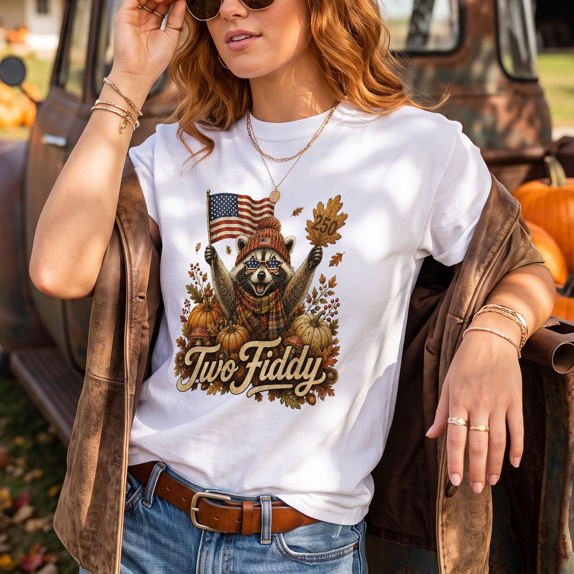 Patriotic Fall Shirt Two Fiddy Retro Raccoon Pumpkin US Flag Autumn Graphic Tee
