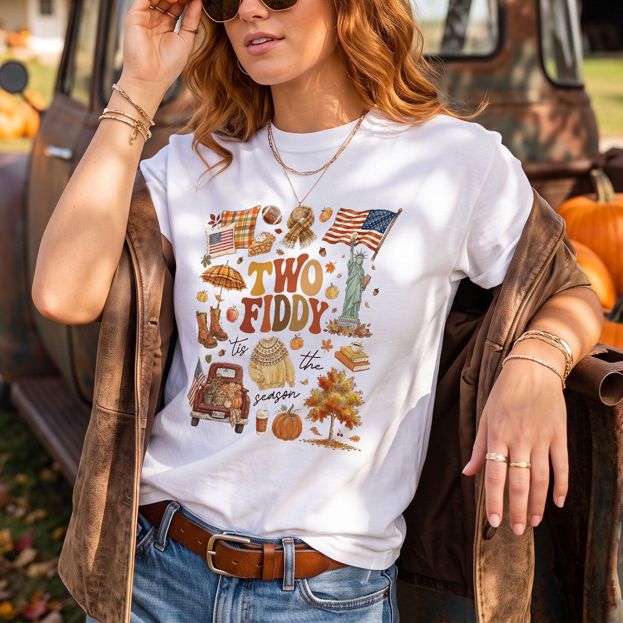 Two Fiddy Tis The Season Shirt Fall Doodle Pumpkin Statue of Liberty US Flag Tee