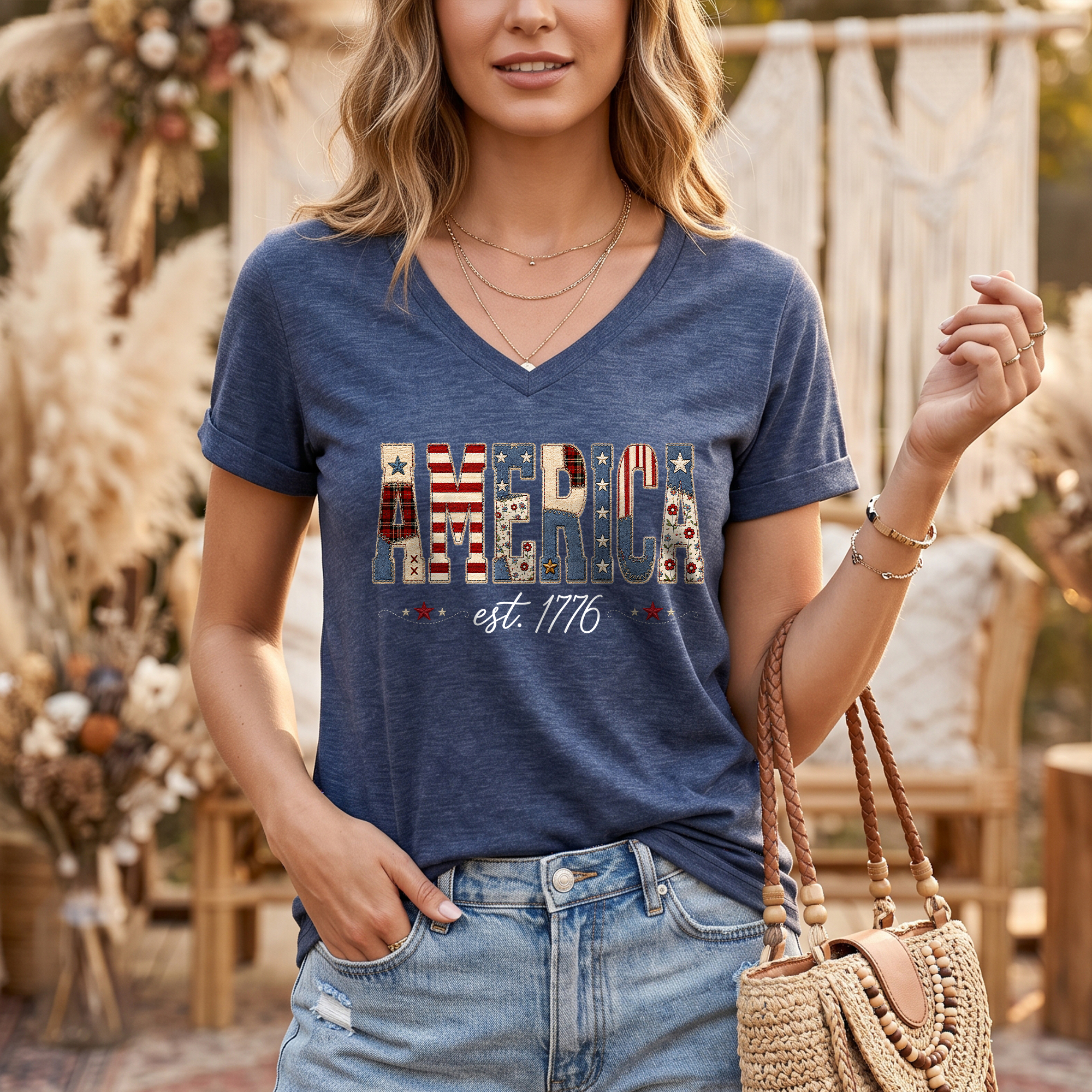 Patriotic America Est. 1776 V-Neck Tee - Women's Custom Graphic Summer Top