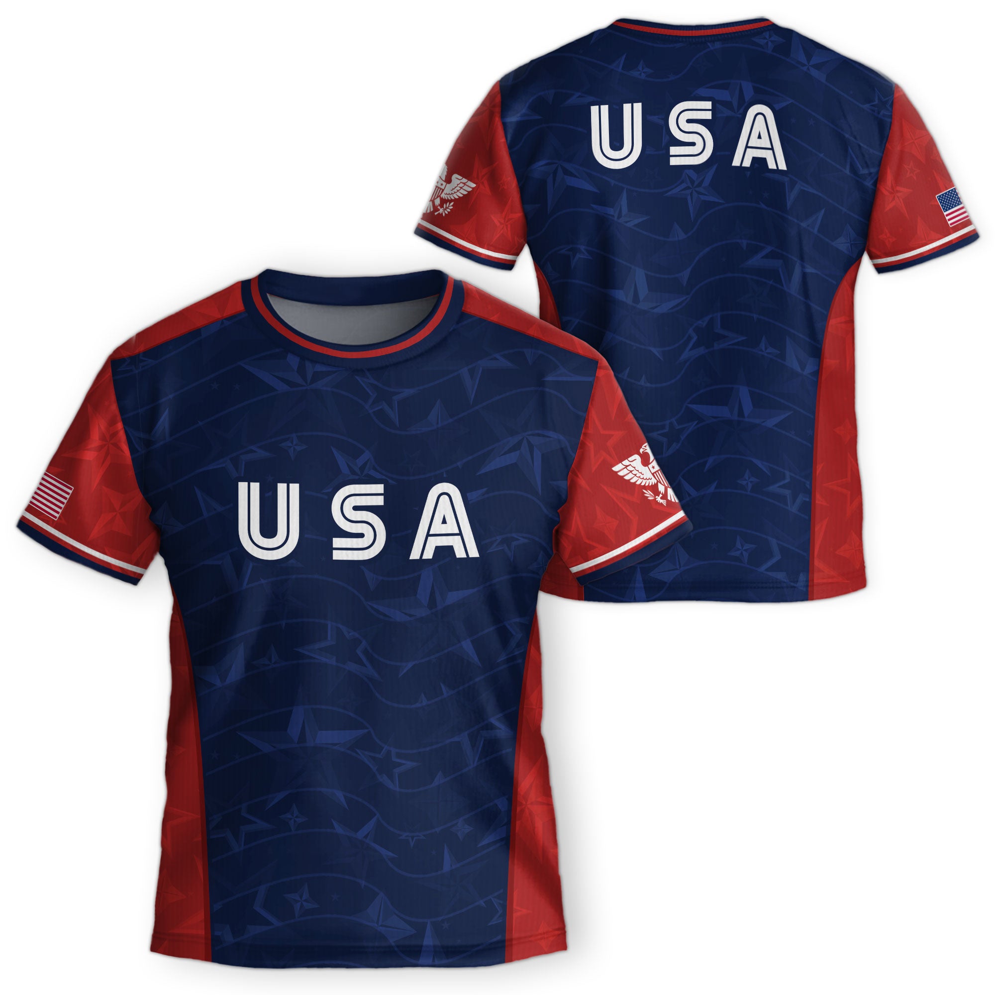 USA Kids Soccer Jersey Youth Navy Blue Red Patriotic Stars Graphic Football Shirt