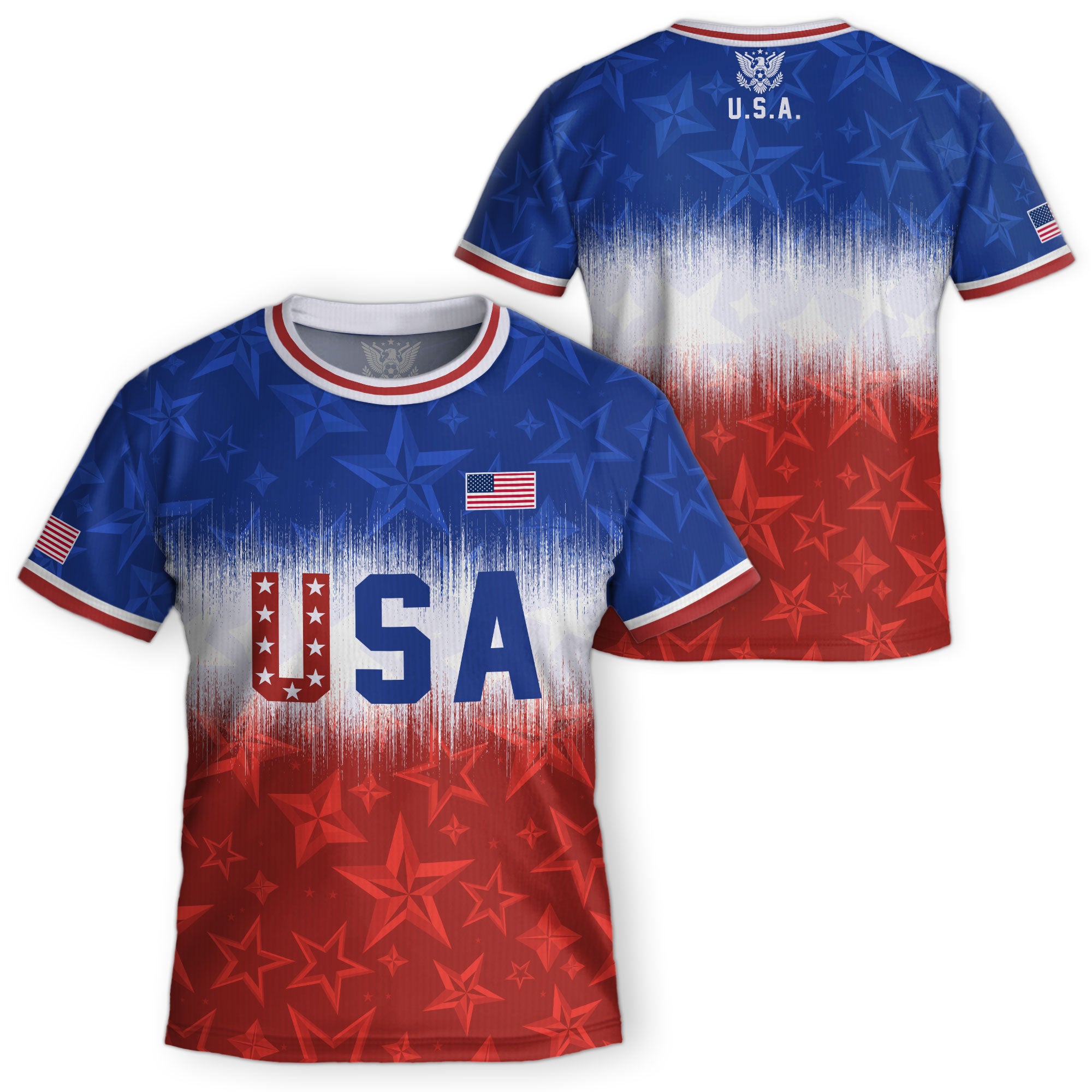 USA Kids Soccer Jersey Youth Blue White Red Tie Dye Stars Patriotic Football Shirt