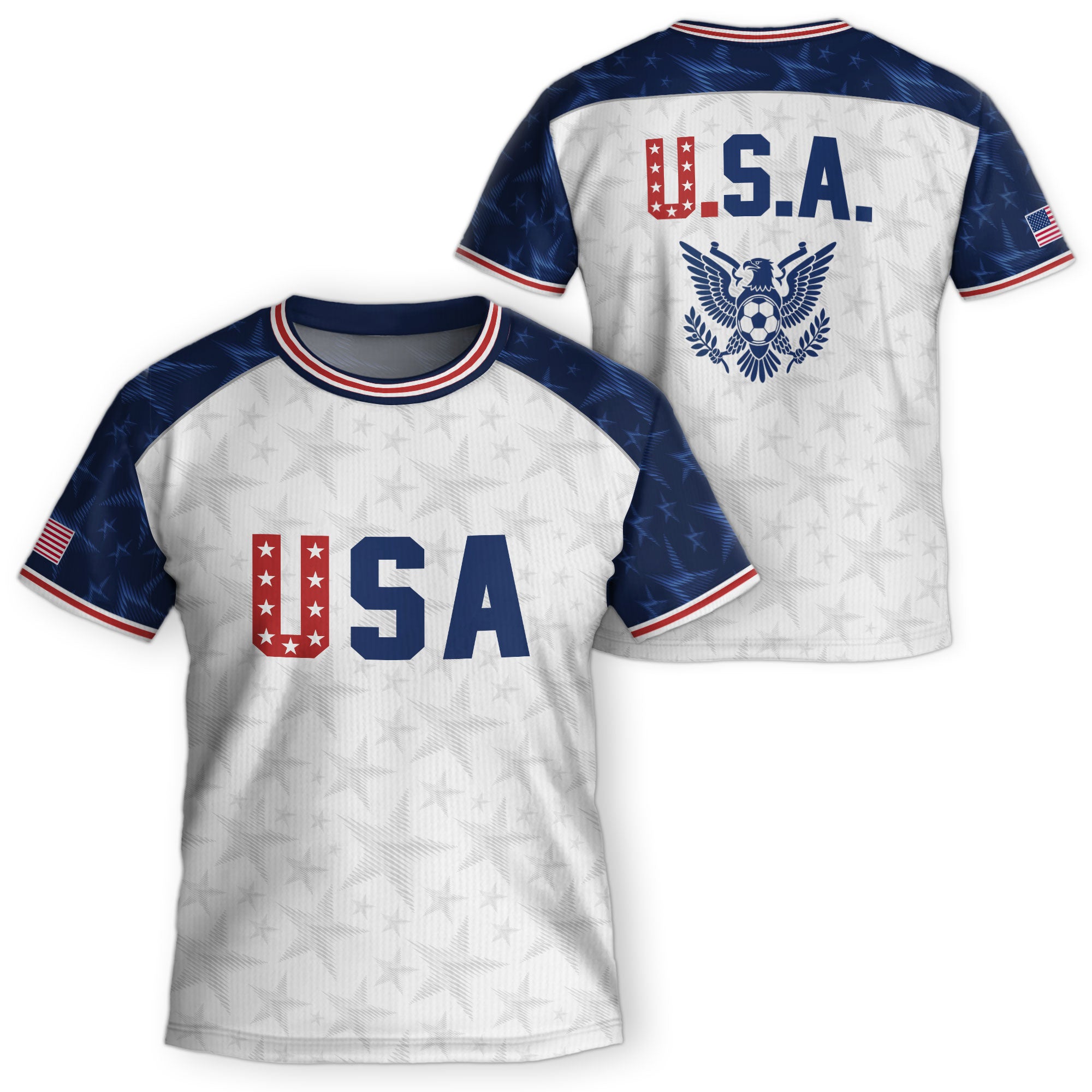 USA Kids Soccer Jersey Youth White Blue Raglan Patriotic Stars Eagle Football Shirt